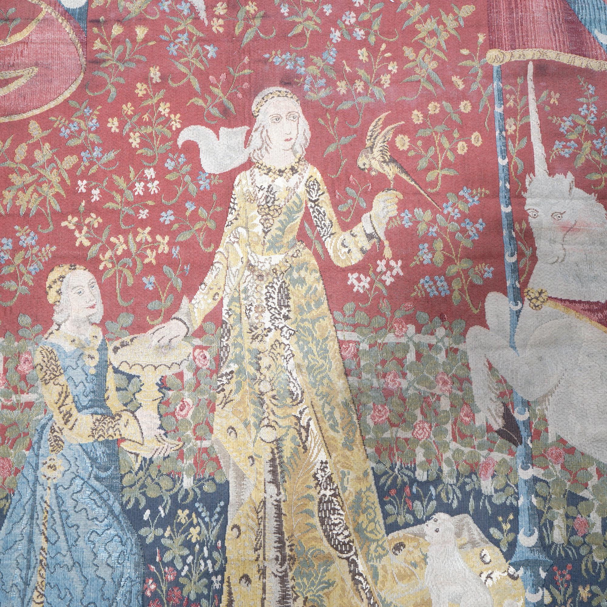 European Antique Continental Wall Tapestry, Lady & the Unicorn Sense of Sight, 19th C