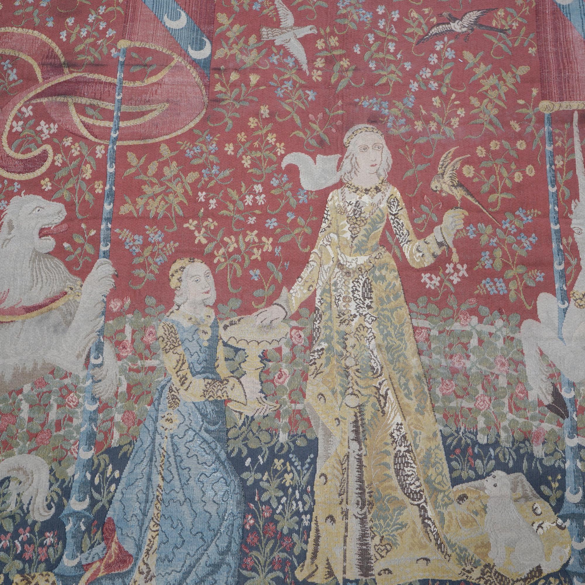 Antique Continental Wall Tapestry, Lady & the Unicorn Sense of Sight, 19th C In Good Condition In Big Flats, NY