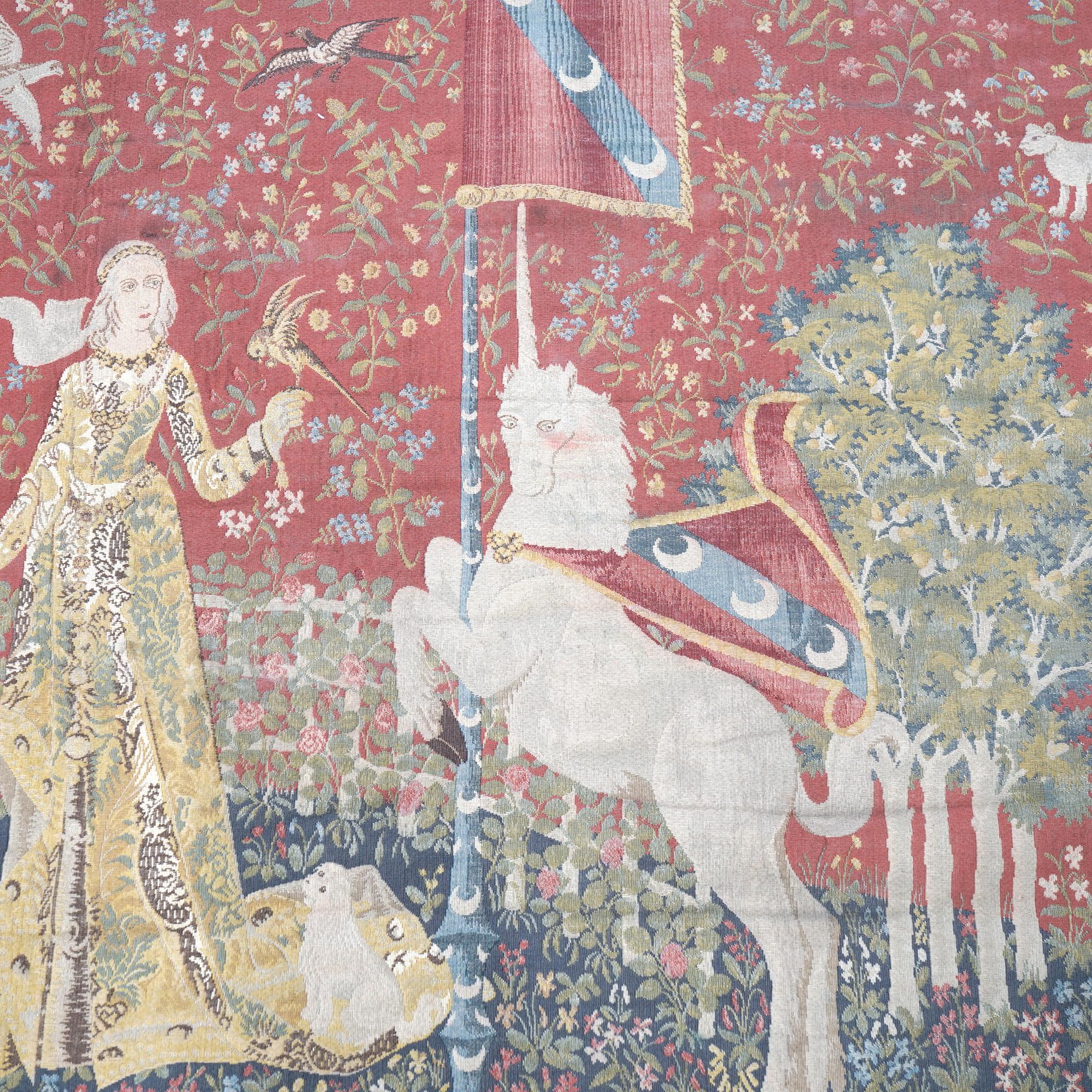 19th Century Antique Continental Wall Tapestry, Lady & the Unicorn Sense of Sight, 19th C