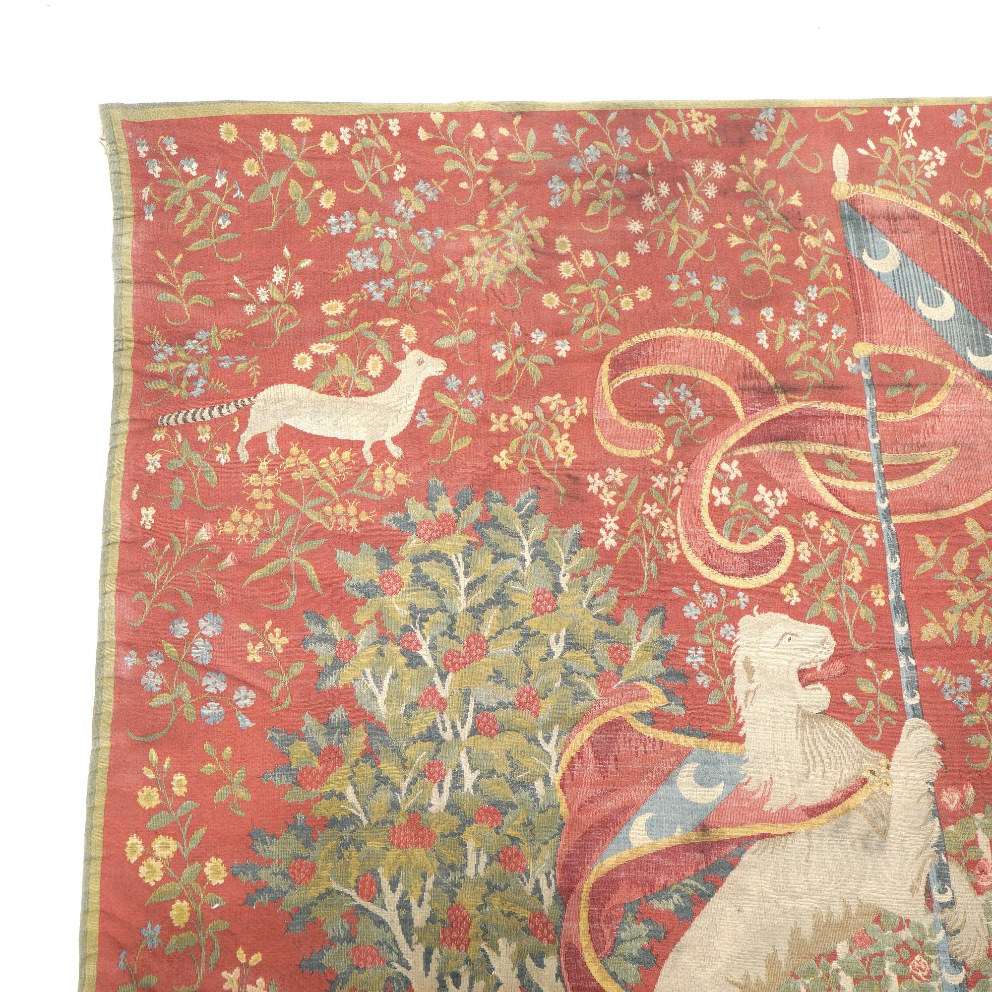 Antique Continental Wall Tapestry, Lady & the Unicorn Sense of Sight, 19th C 1