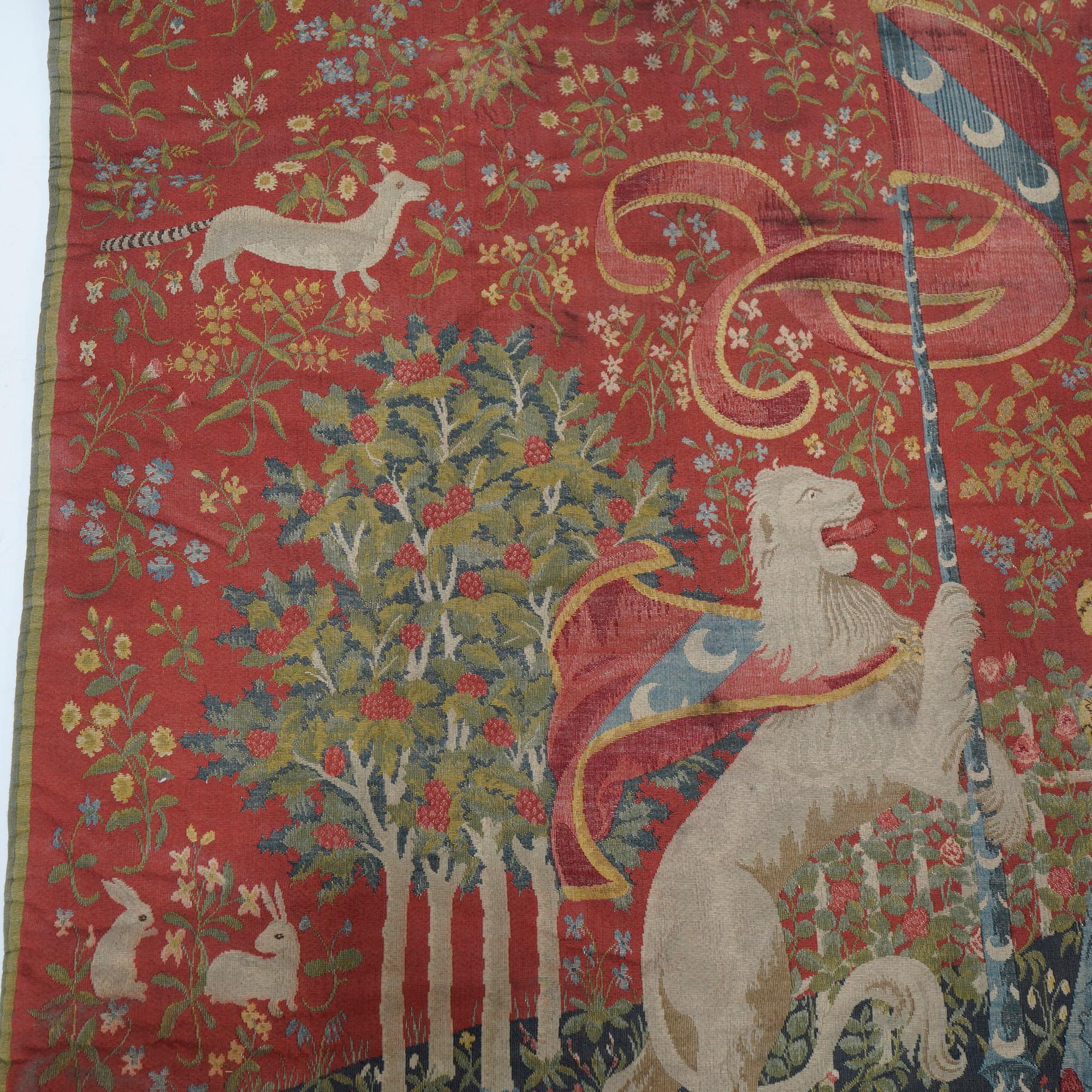 Antique Continental Wall Tapestry, Lady & the Unicorn Sense of Sight, 19th C 2