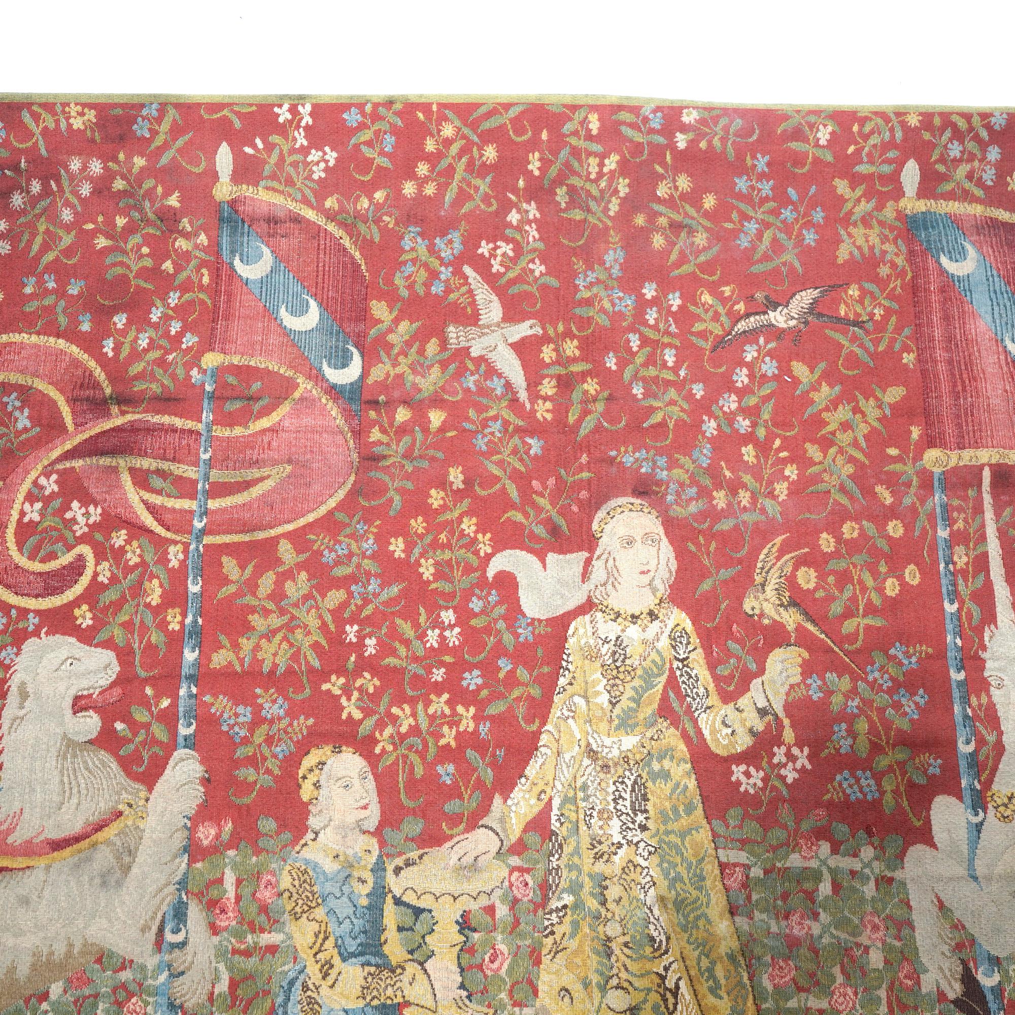 Antique Continental Wall Tapestry, Lady & the Unicorn Sense of Sight, 19th C 3