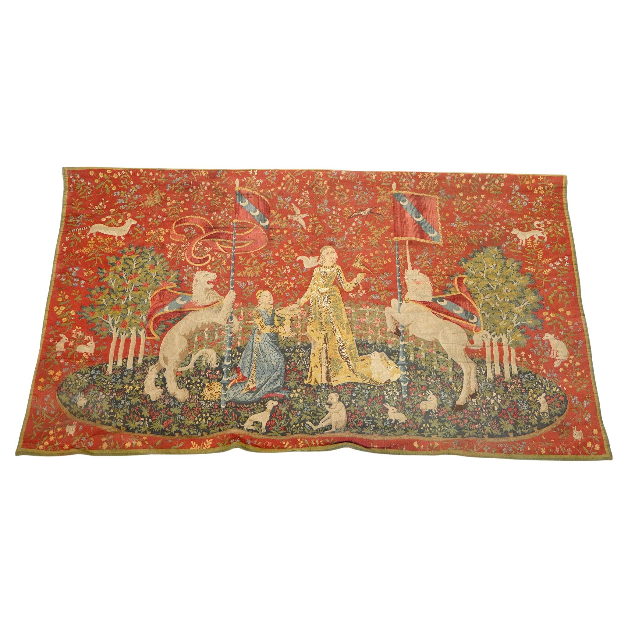 Antique Continental Wall Tapestry, Lady & the Unicorn Sense of Sight, 19th C