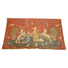 Antique Continental Wall Tapestry, Lady & the Unicorn Sense of Sight, 19th C