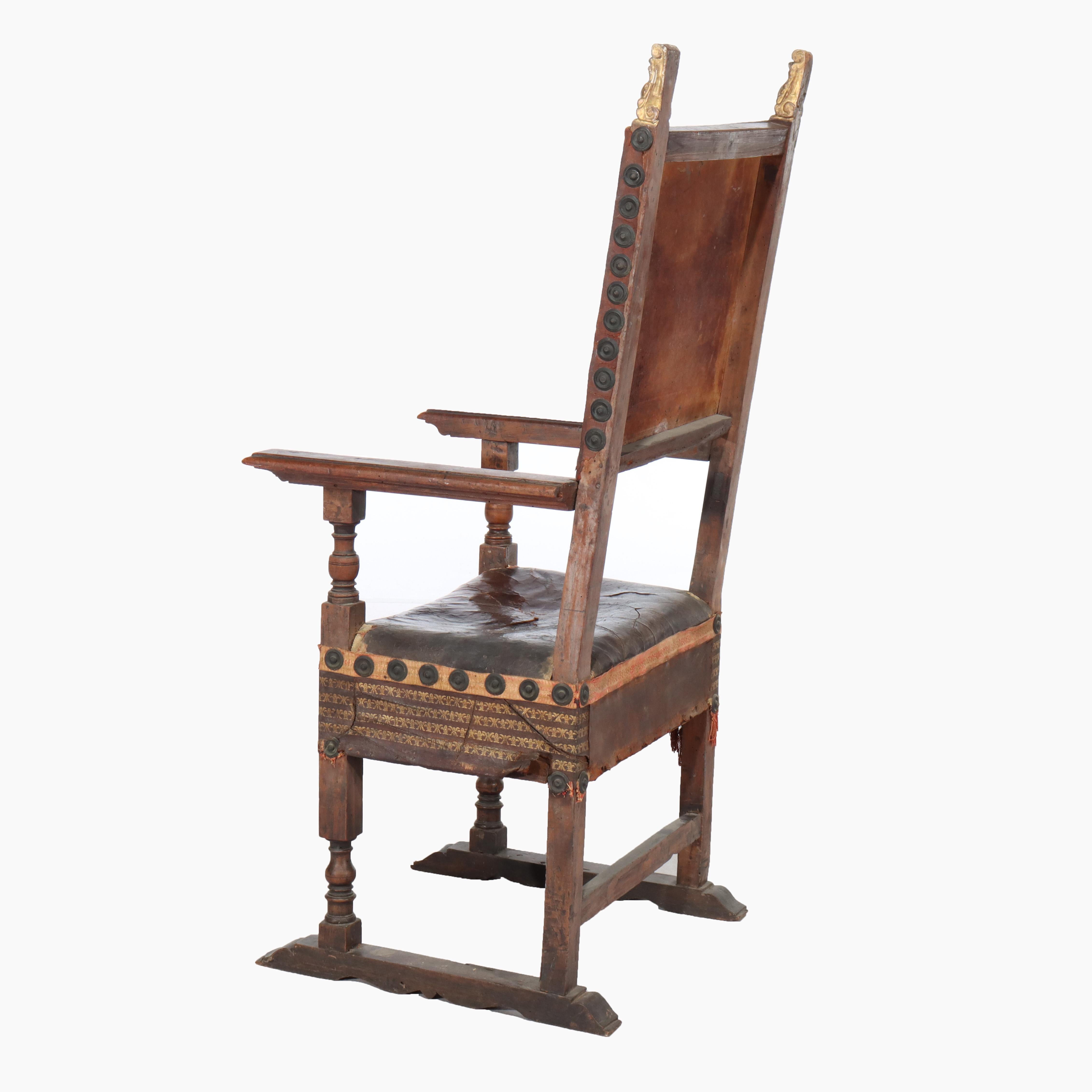 Antique Continental Walnut & Leather Throne Chair with Gilt Highlights 17thC en venta 5