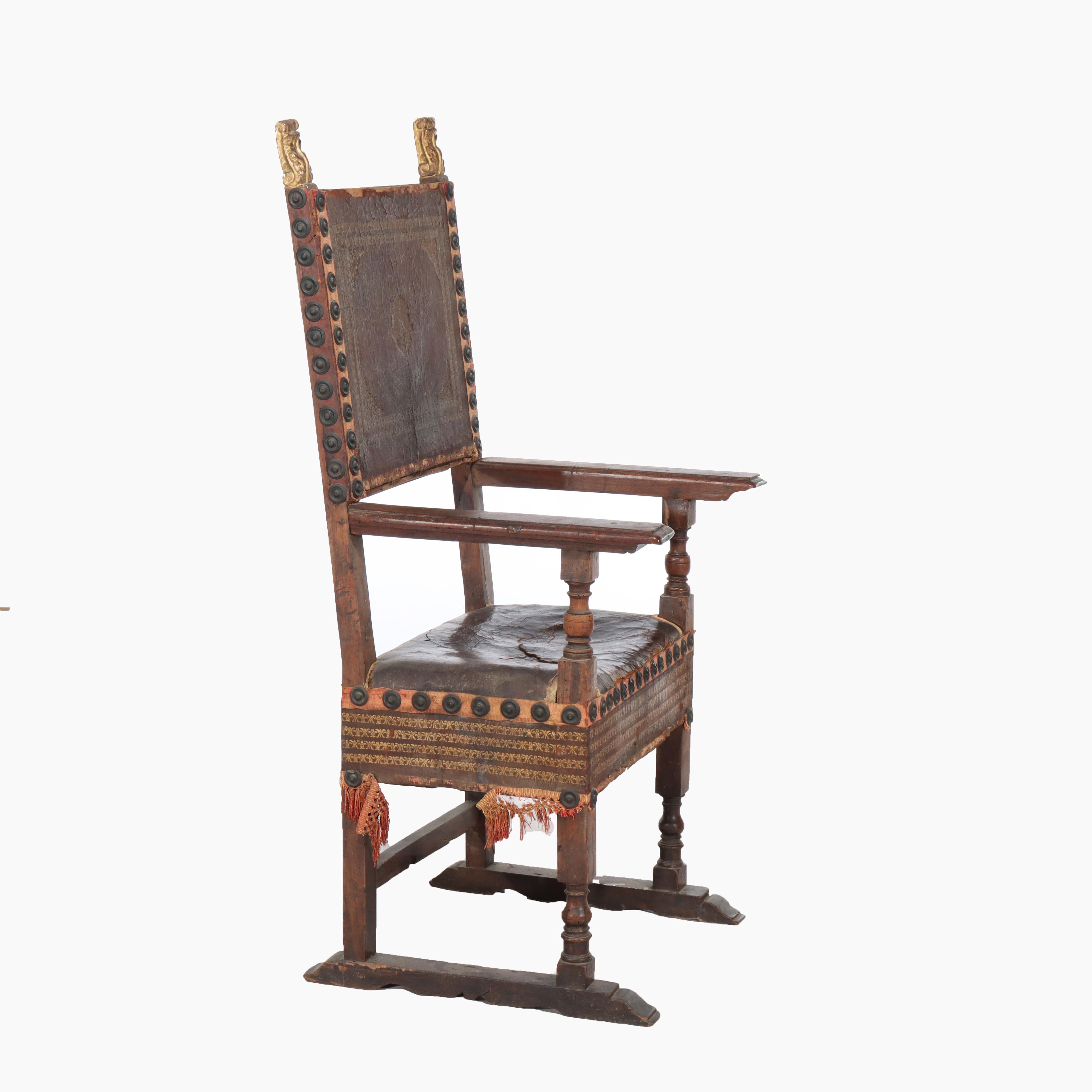 Antique Continental Walnut & Leather Throne Chair with Gilt Highlights 17thC en venta 3