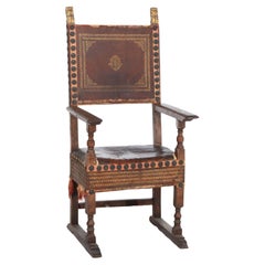 Antique Continental Walnut & Leather Throne Chair with Gilt Highlights 17thC