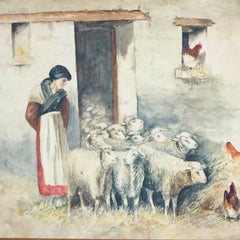 Antique Continental Watercolor Farm Painting of a Woman & Sheep Circa 1900