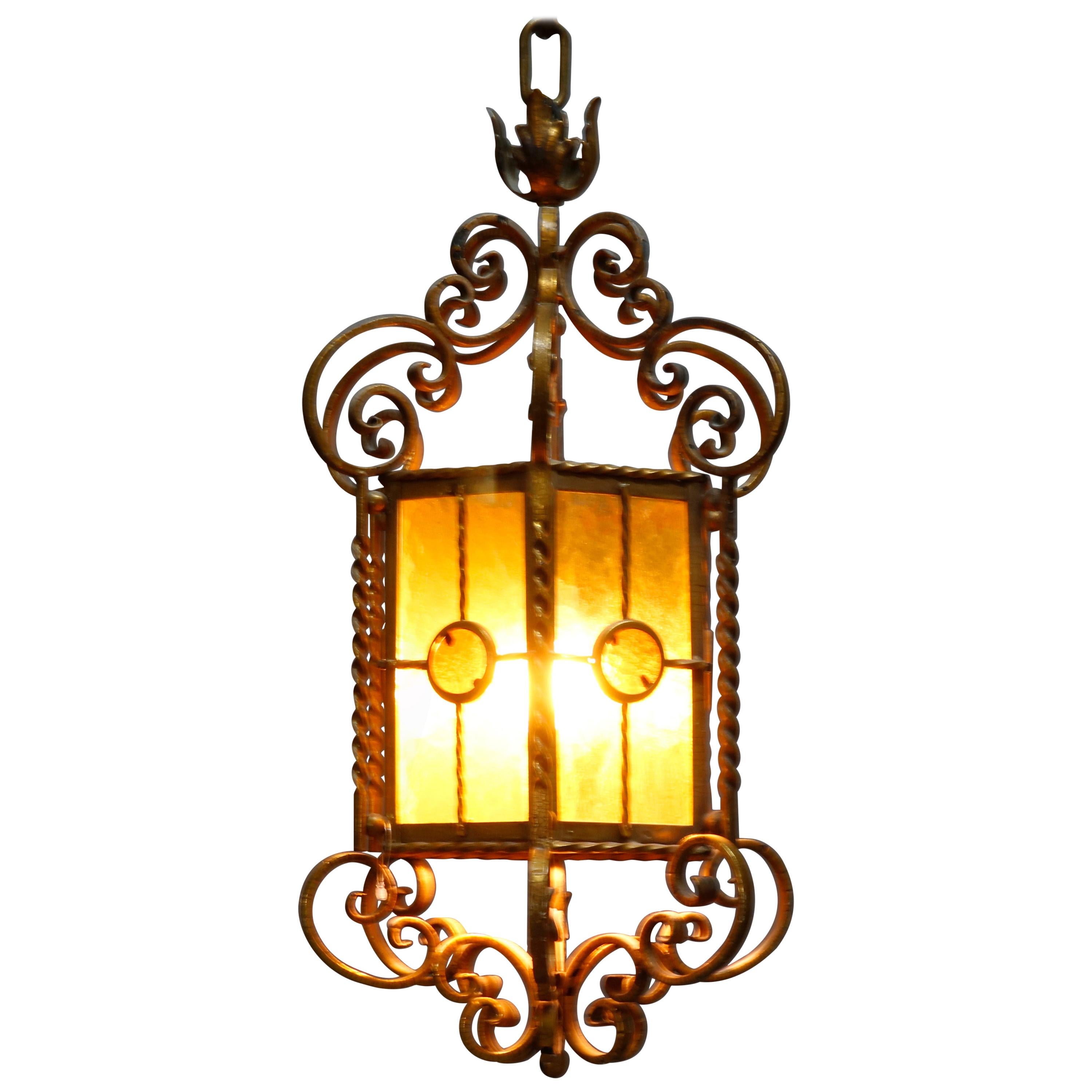 Antique Continental Wrought Iron and Art Glass Hanging Pendant Light, circa 1920