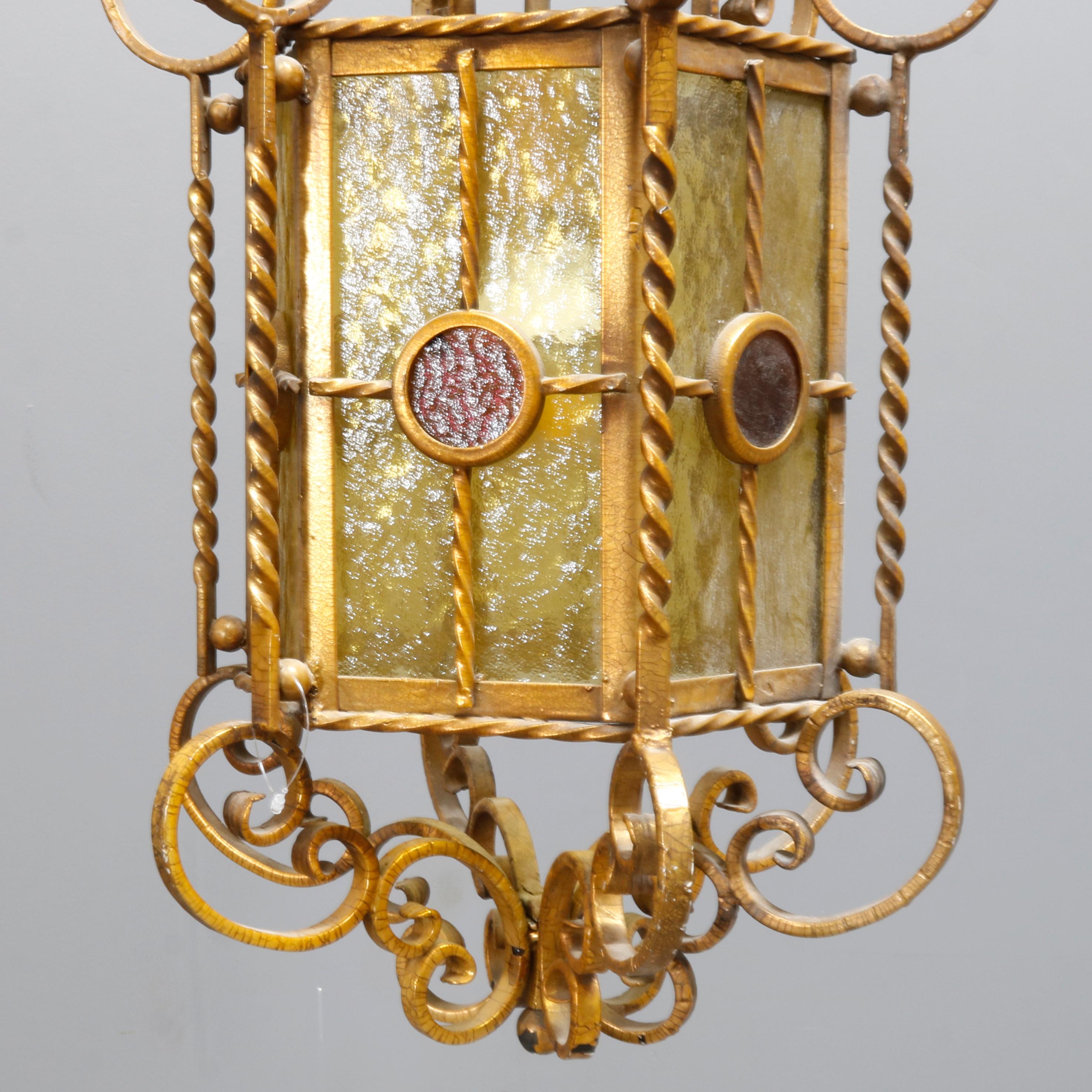 Antique Continental Wrought Iron and Art Glass Hanging Pendant Light, circa 1920 4