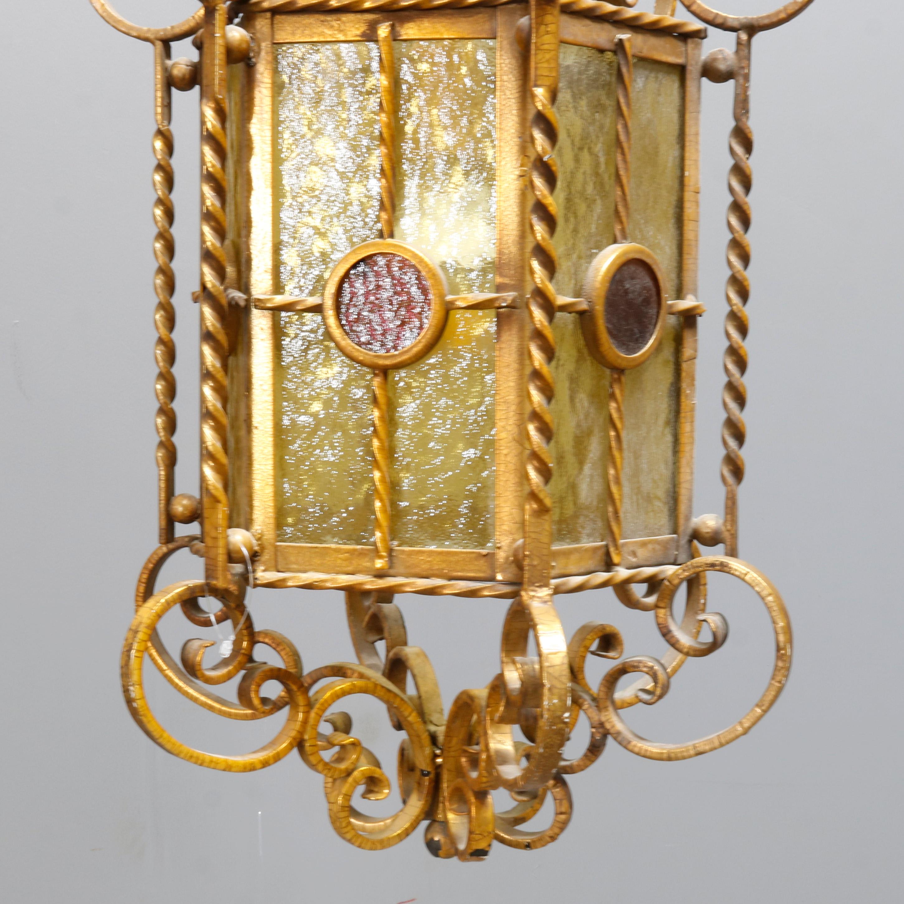 Antique Continental Wrought Iron and Art Glass Hanging Pendant Light, circa 1920 5