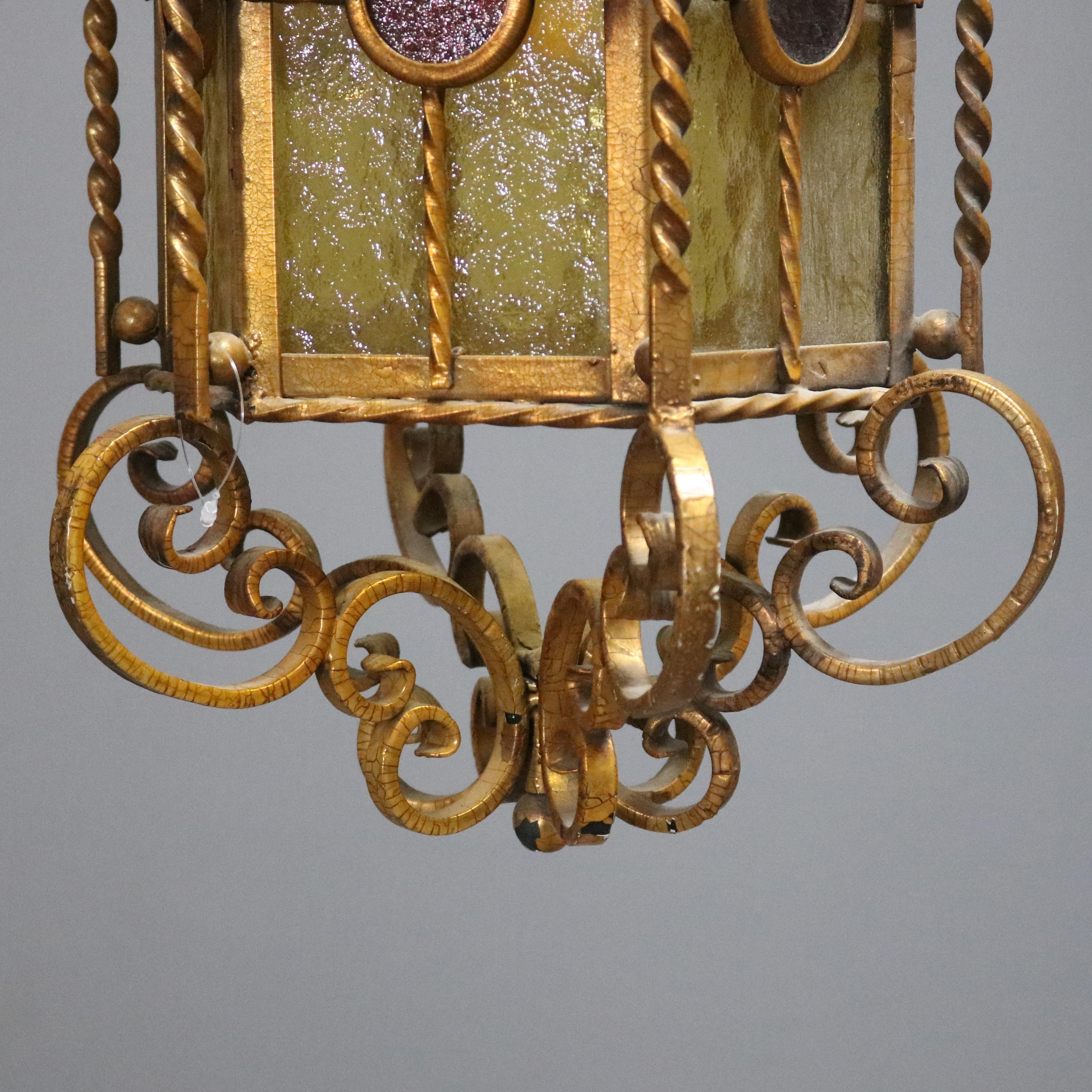Gothic Antique Continental Wrought Iron and Art Glass Hanging Pendant Light, circa 1920