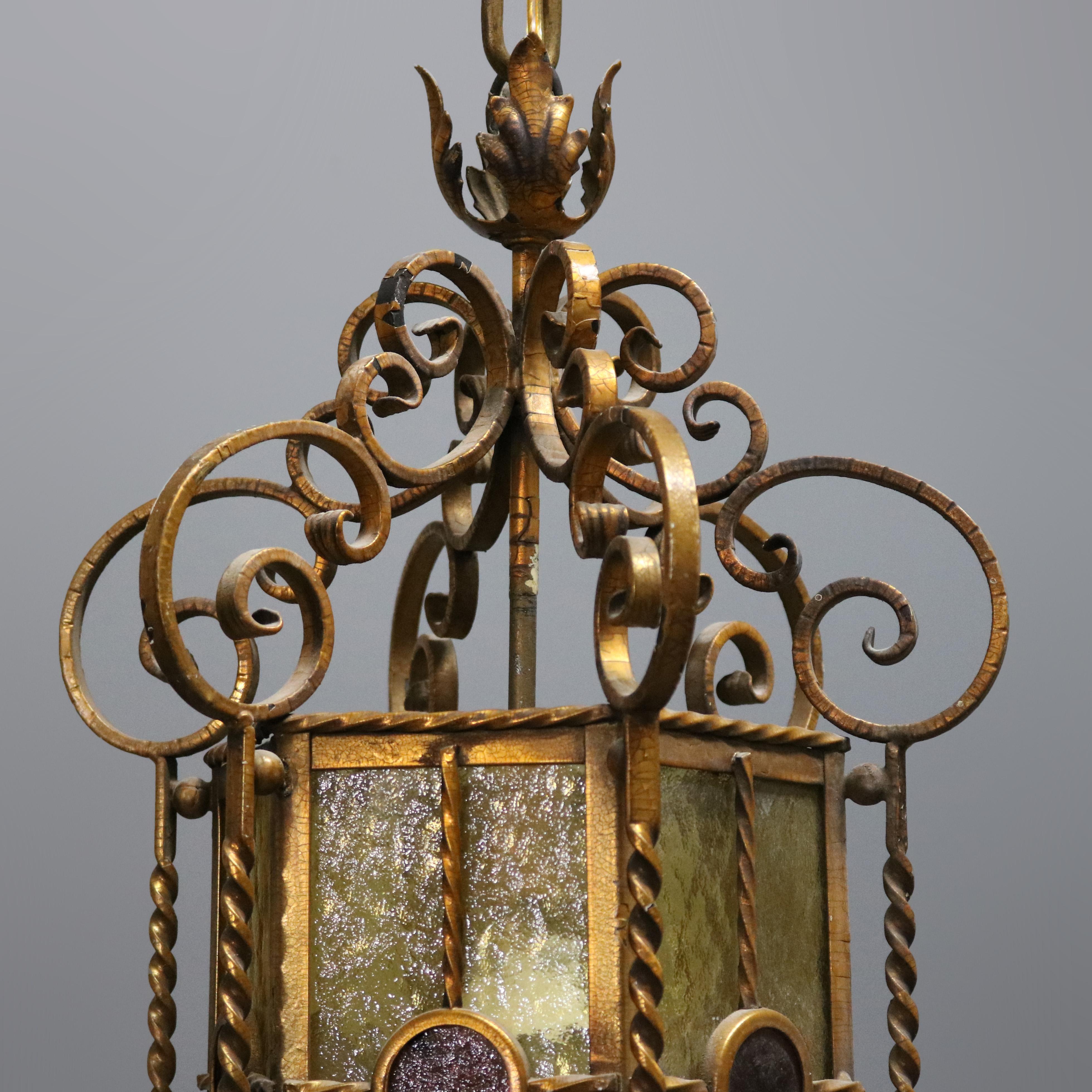 European Antique Continental Wrought Iron and Art Glass Hanging Pendant Light, circa 1920