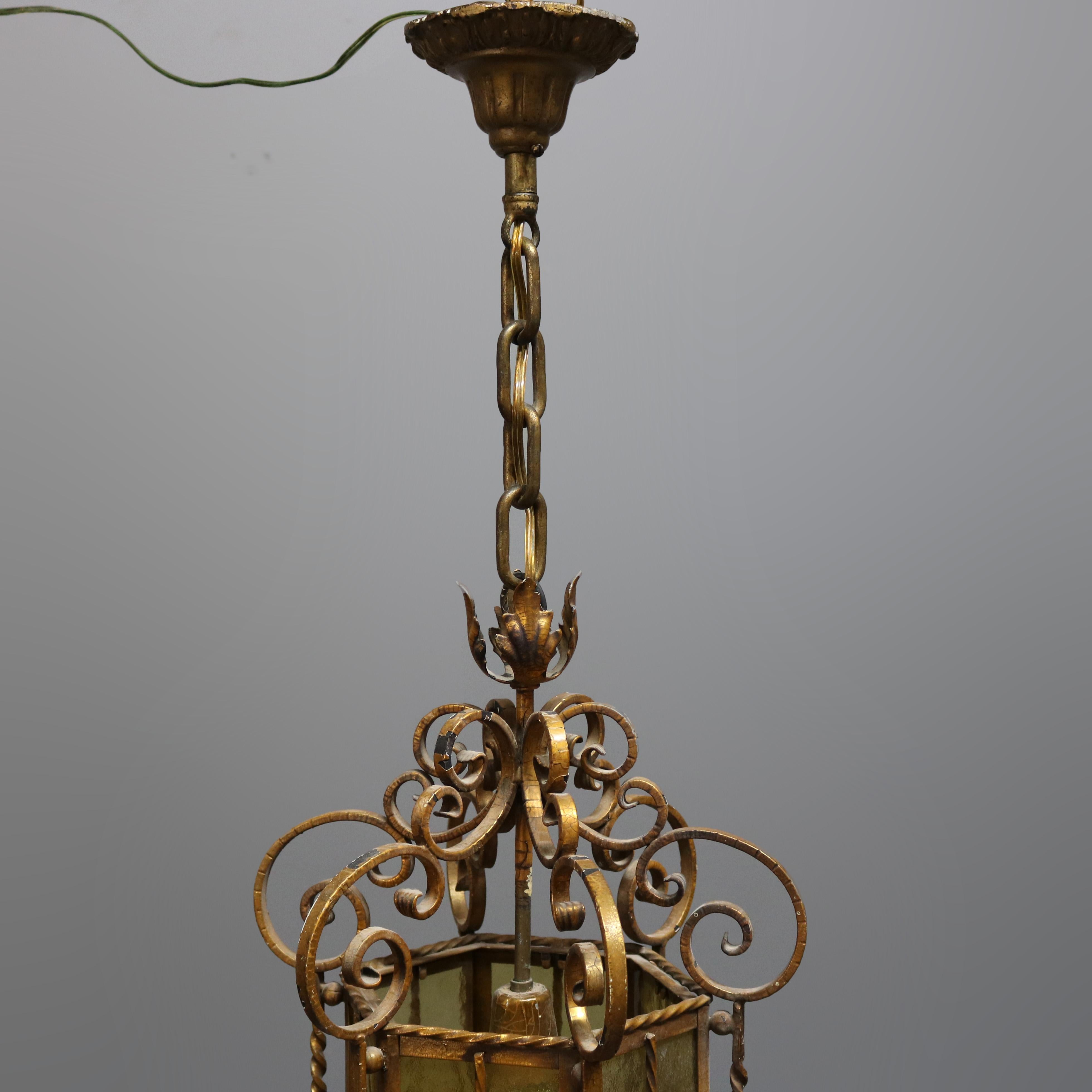 20th Century Antique Continental Wrought Iron and Art Glass Hanging Pendant Light, circa 1920