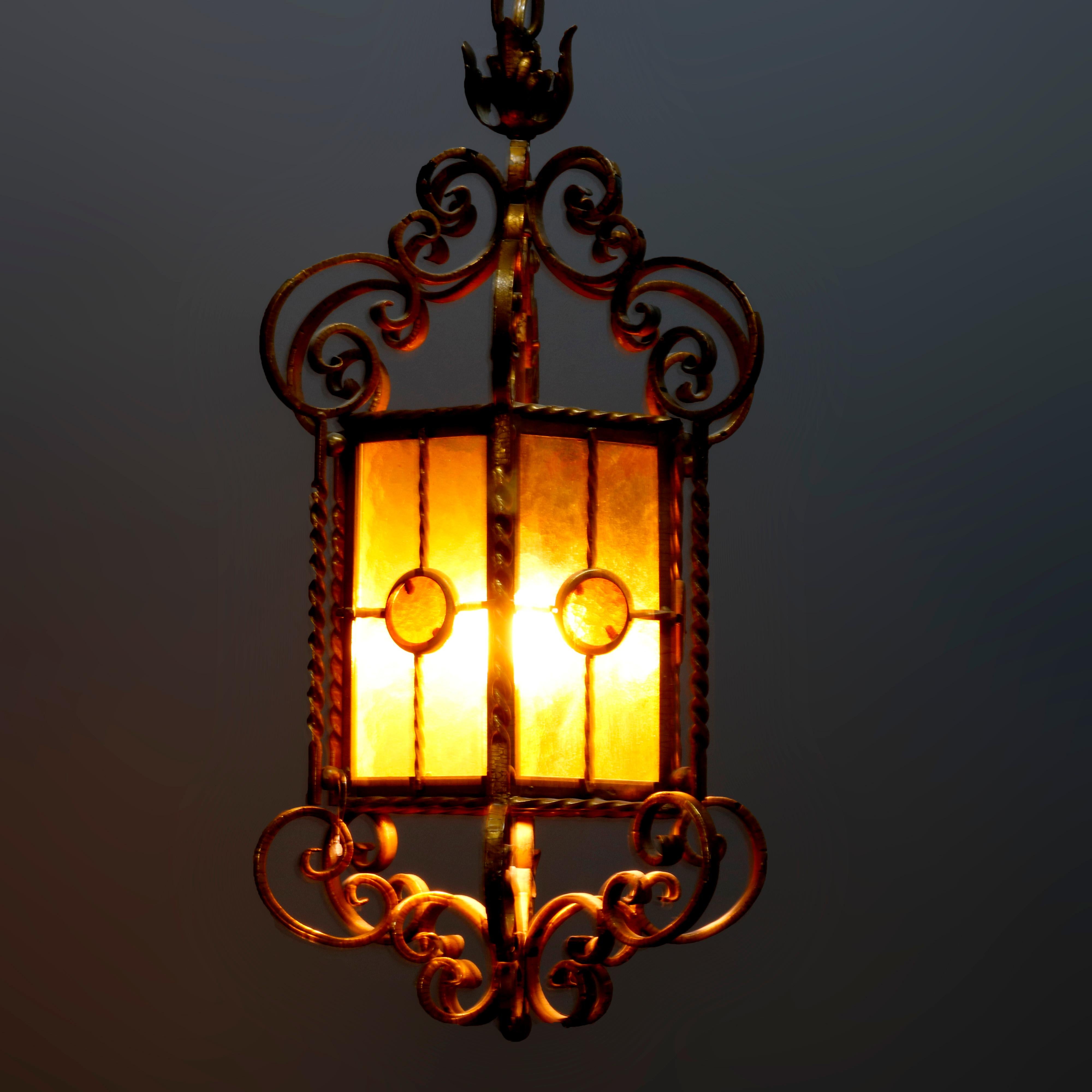 Antique Continental Wrought Iron and Art Glass Hanging Pendant Light, circa 1920 3