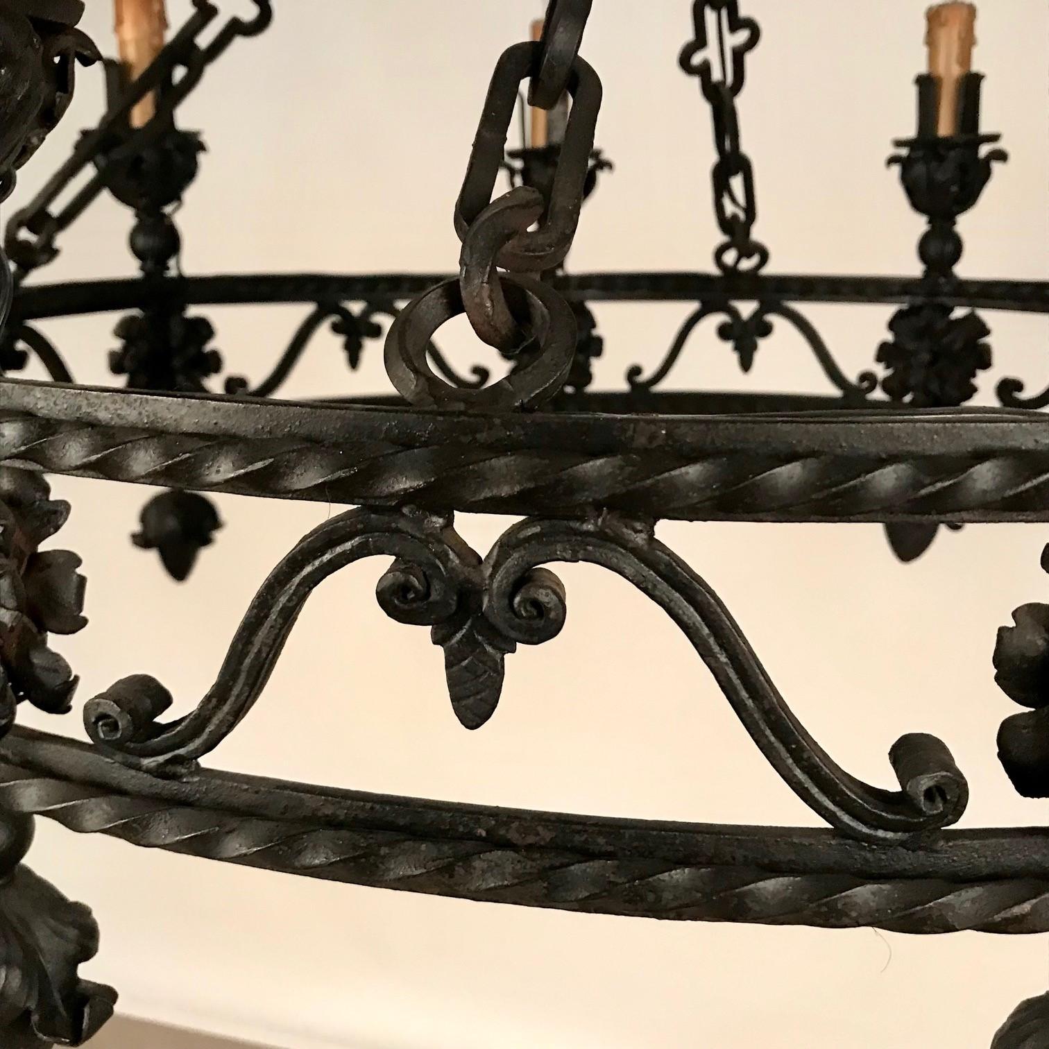 Renaissance Revival Antique Continental Wrought Iron Chandelier For Sale