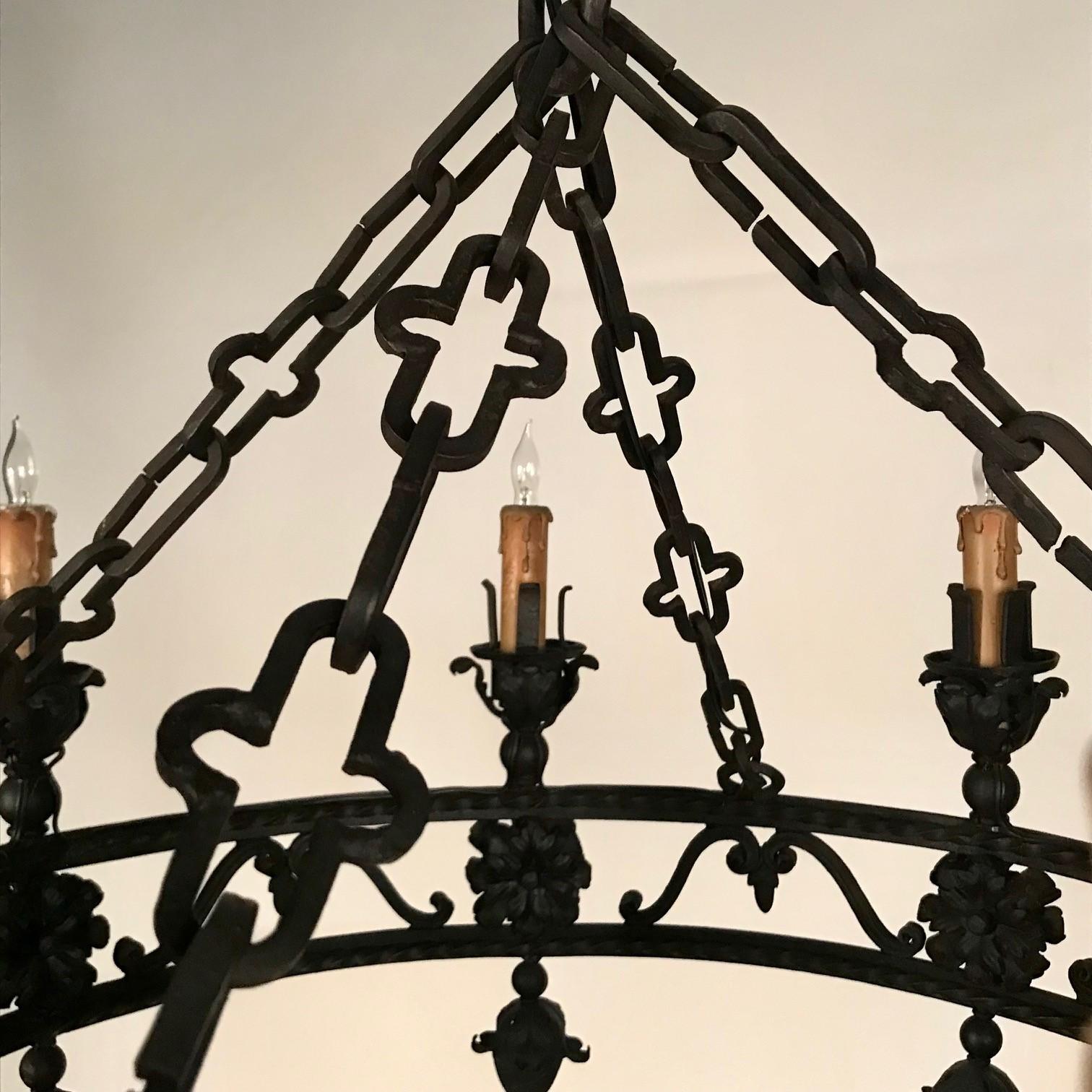 French Antique Continental Wrought Iron Chandelier For Sale