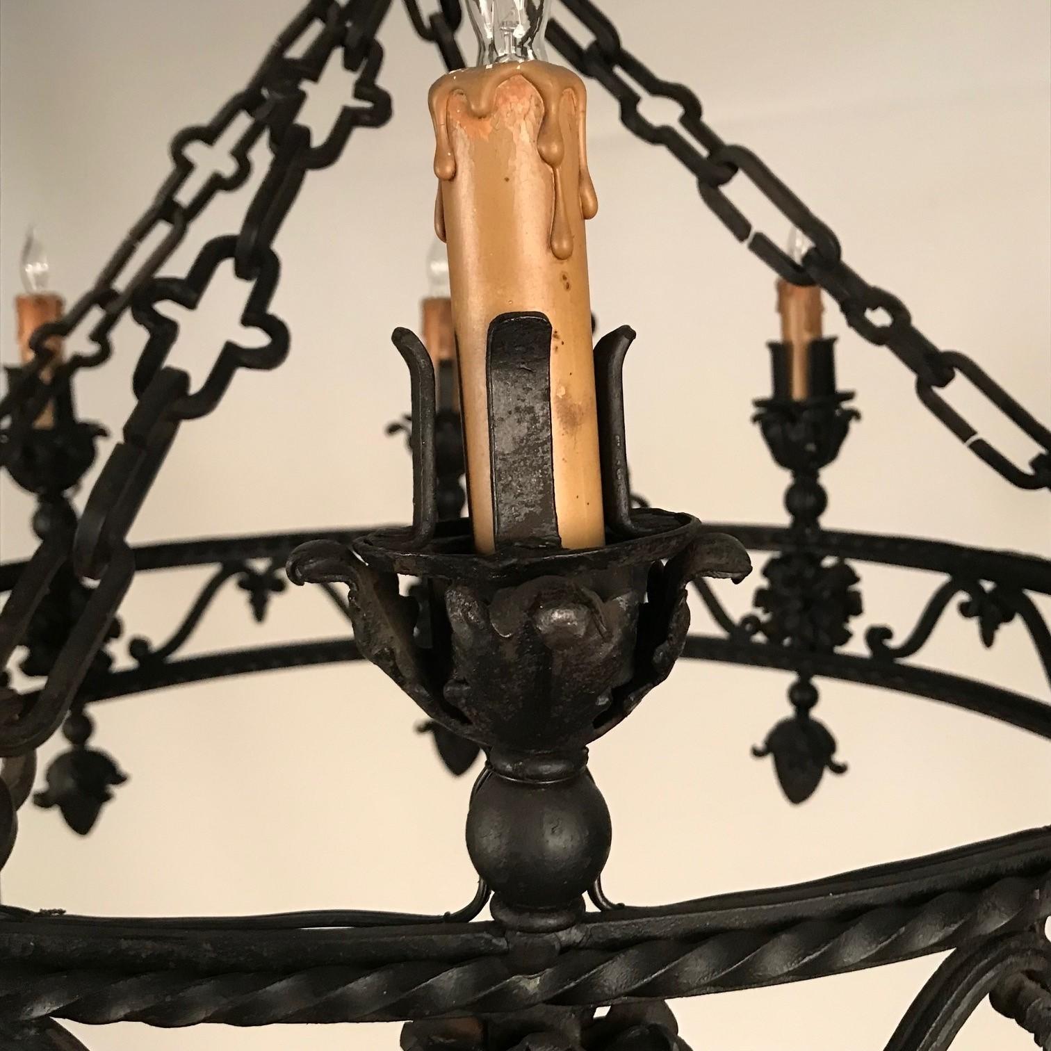 20th Century Antique Continental Wrought Iron Chandelier For Sale
