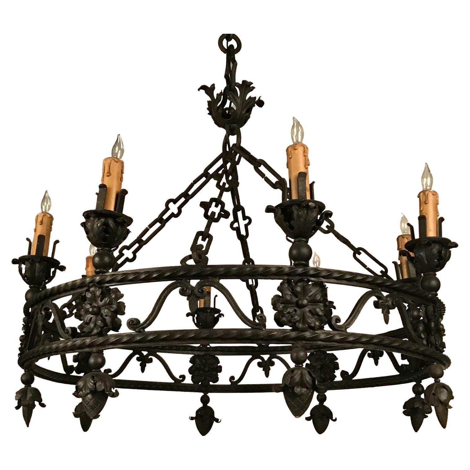 Antique Continental Wrought Iron Chandelier For Sale