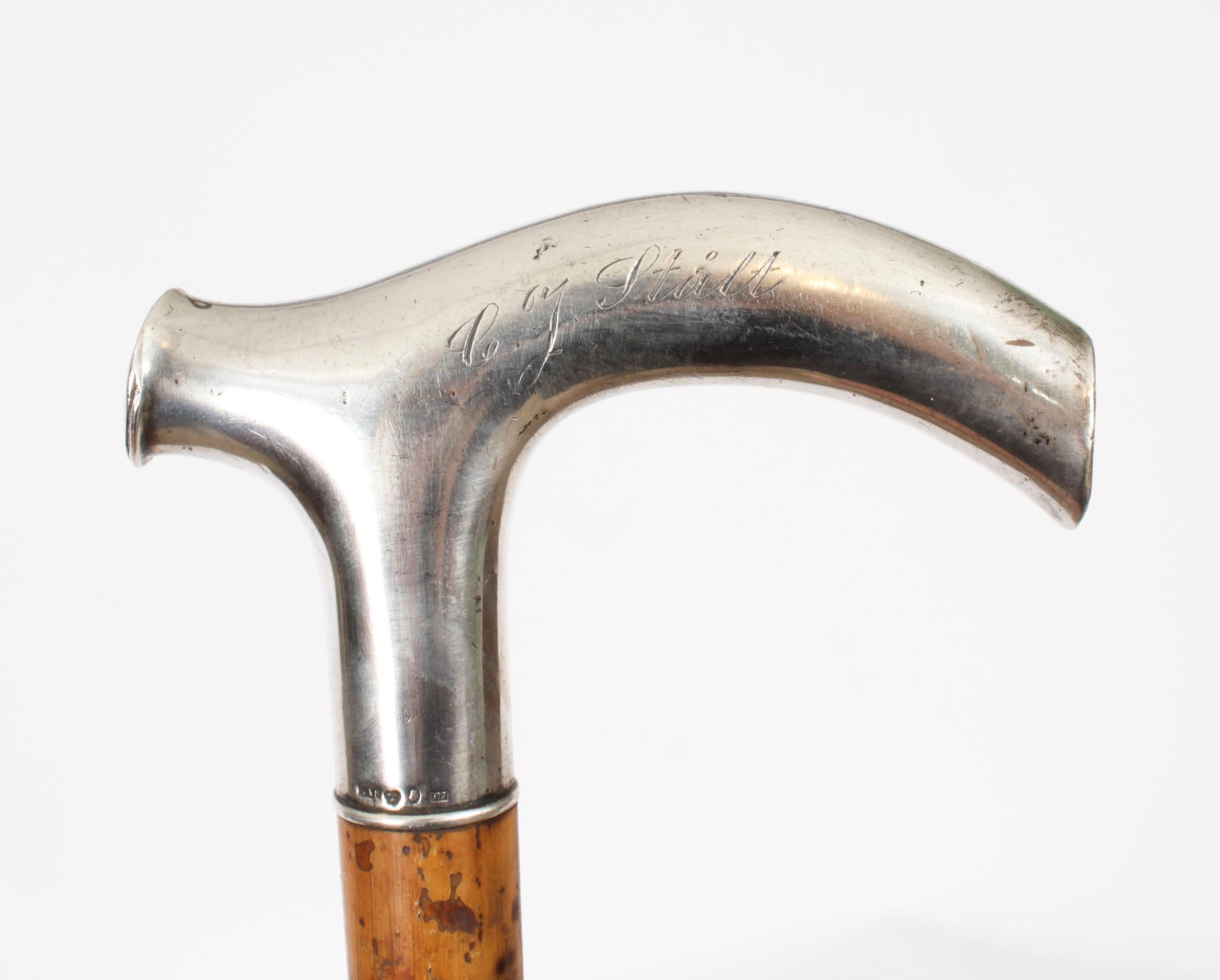 English Antique Continetal Silver Ebonized Walking Cane Stick Late 19th Century For Sale