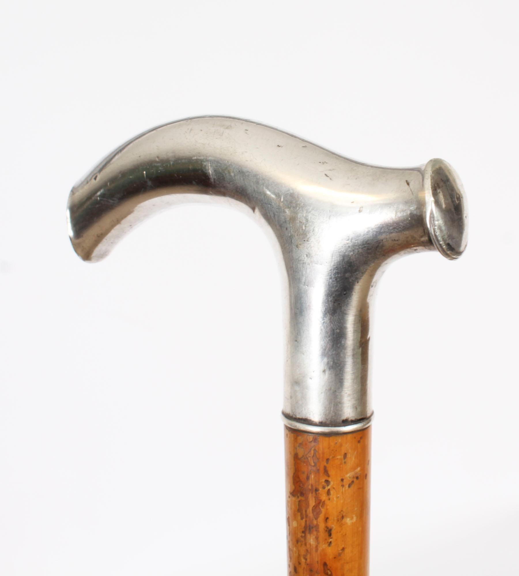 Antique Continetal Silver Ebonized Walking Cane Stick Late 19th Century In Good Condition For Sale In London, GB