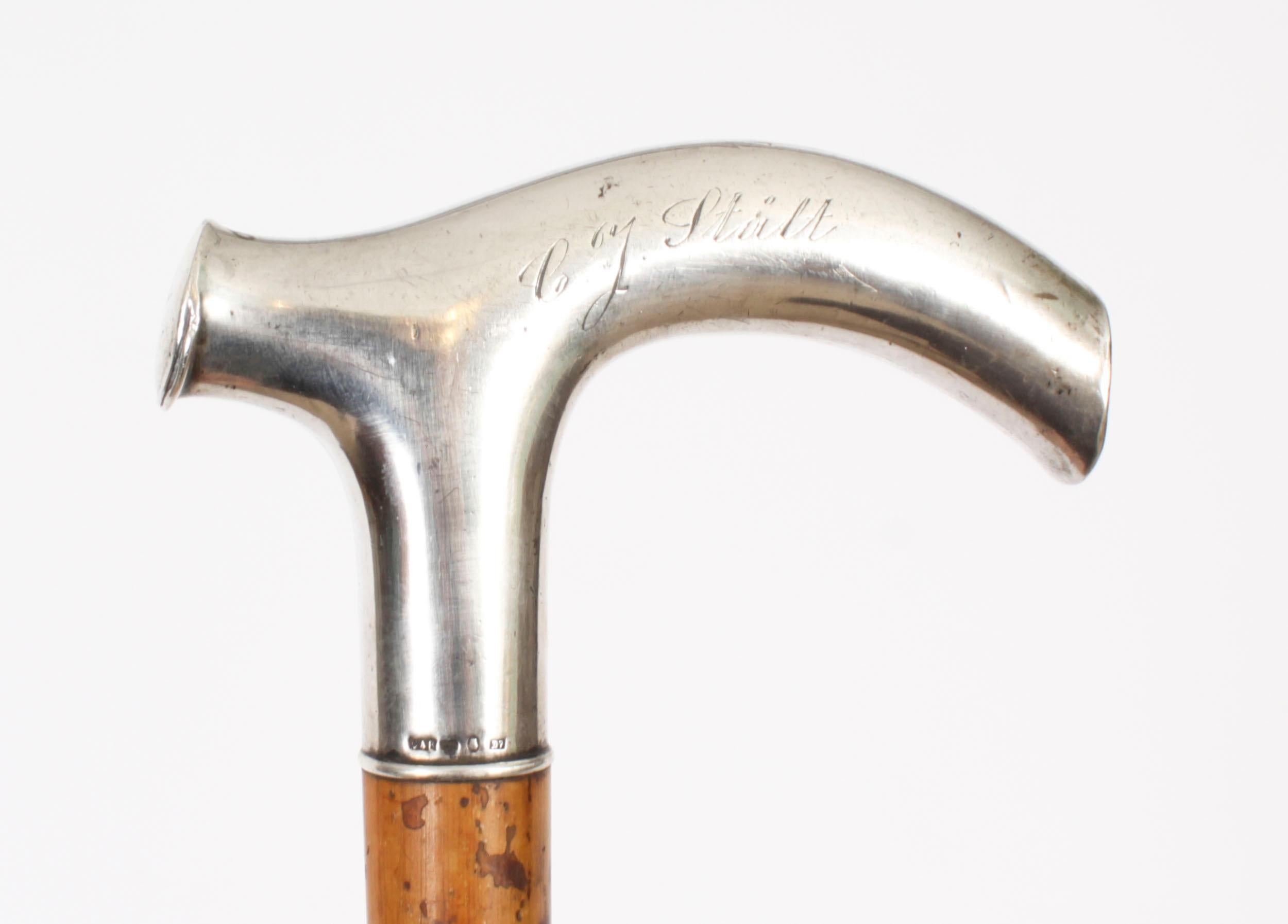 Antique Continetal Silver Ebonized Walking Cane Stick Late 19th Century For Sale 1