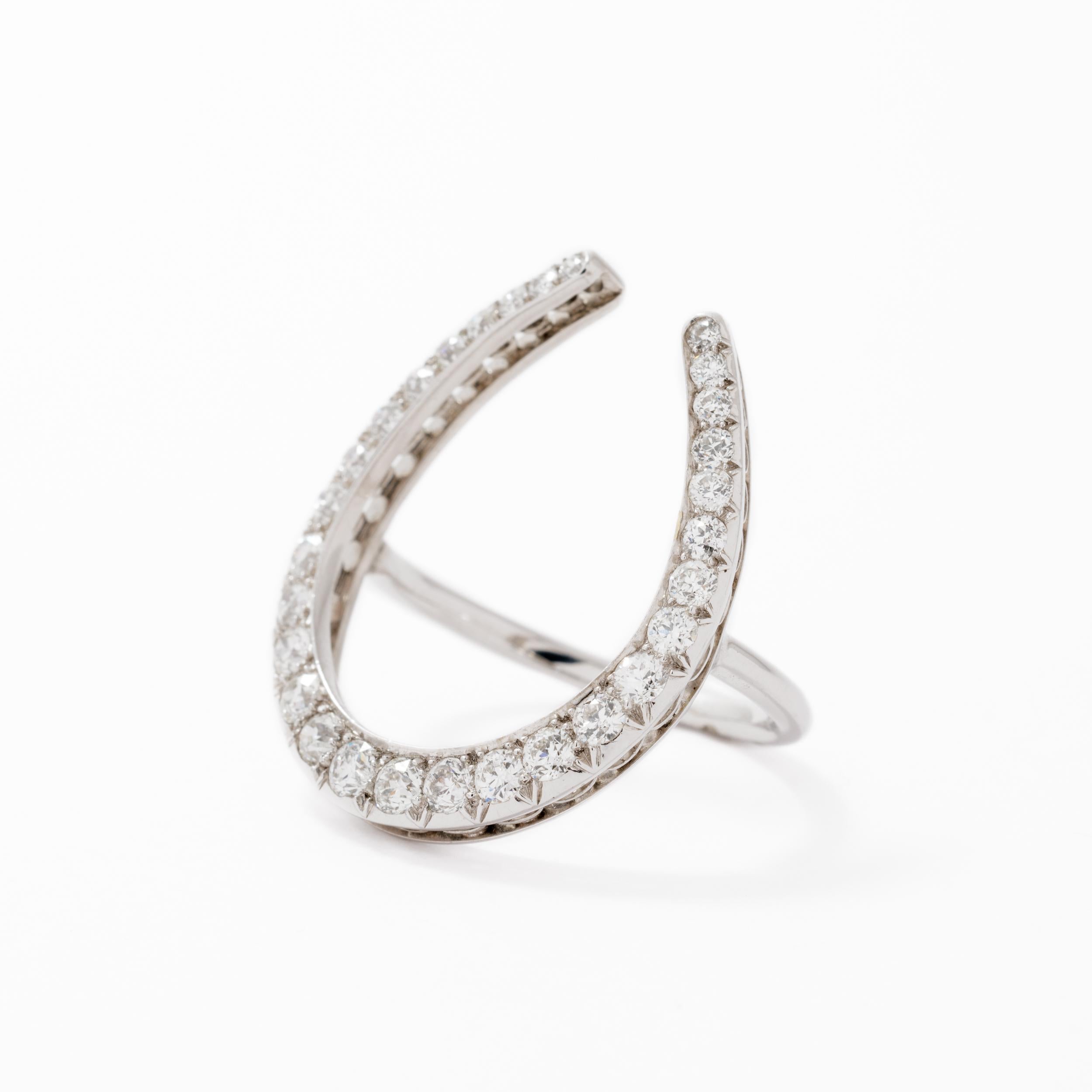 Antique Conversion 18 Karat Platinum 2.0 Carat Diamond Horseshoe Statement Ring For Sale 1
