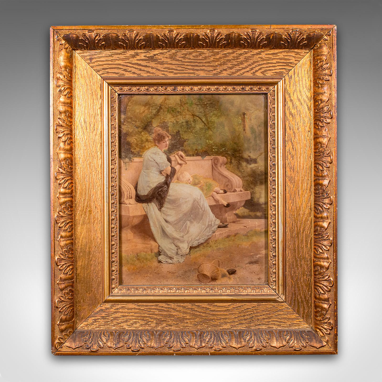 
Il s'agit d'une gravure ancienne en verre convexe. Tableau encadré de style romantique, datant de la fin de la période victorienne, vers 1900.

Charmante composition dans le goût impressionniste, enchâssée dans un cadre saisissant.
Présente une