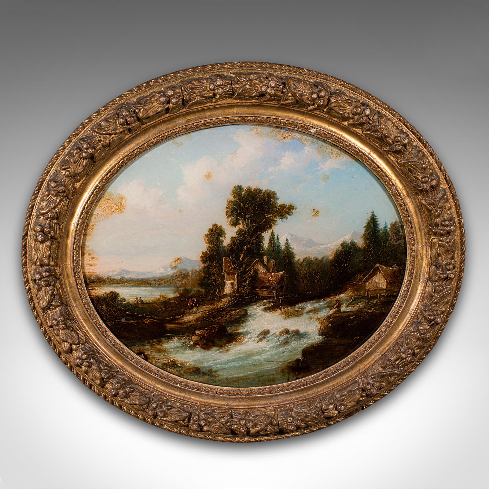 This is a charming Victorian period reverse painted landscape, offering a brooding aesthetic and period art appeal, dating to circa 1860. This antique oval convex painting is set within an ornate giltwood frame.

Fascinating convex oval scene,