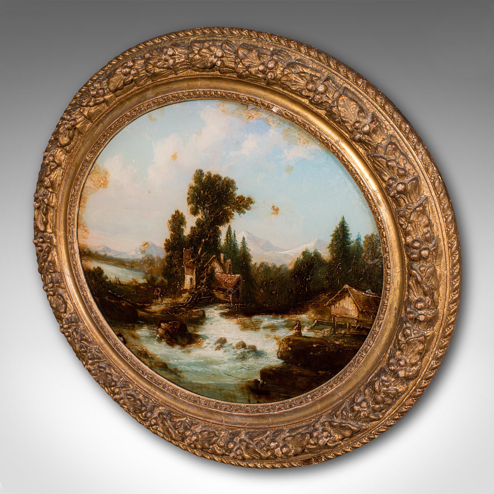 British Antique Convex Landscape Painting, English, Mezzotint Art, Victorian, Picture For Sale