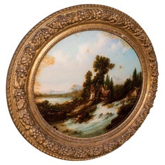 Antique Convex Landscape Painting, English, Mezzotint Art, Victorian, Picture