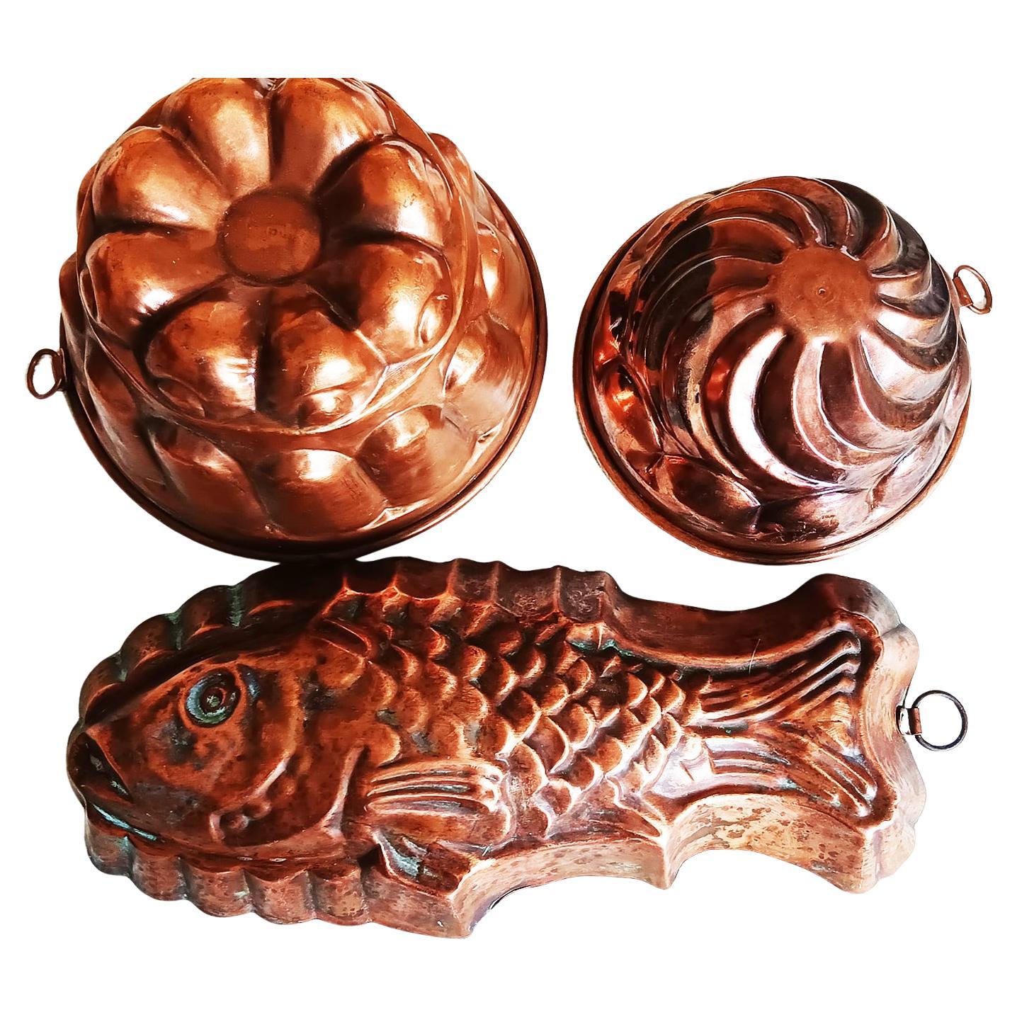 Antique Cooper Molds  Fish an Round Forms Kitchen Wall Decoración Lot 3