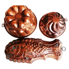 Moldes de cobre antiguos  Pescado y Formas Redondas Decoración de Pared de Cocina Lote 3