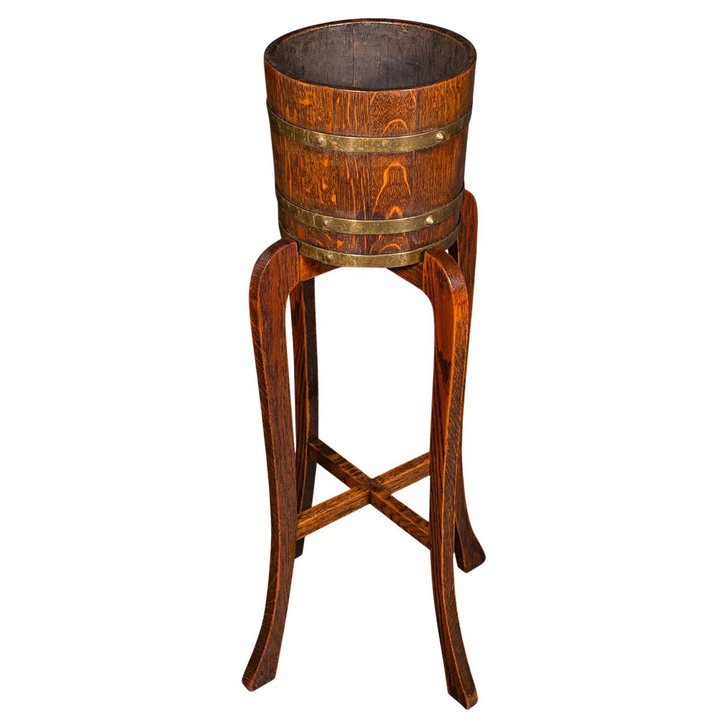 Antique Coopered Barrel Jardiniere Stand, English Oak, Brass, Planter, Edwardian