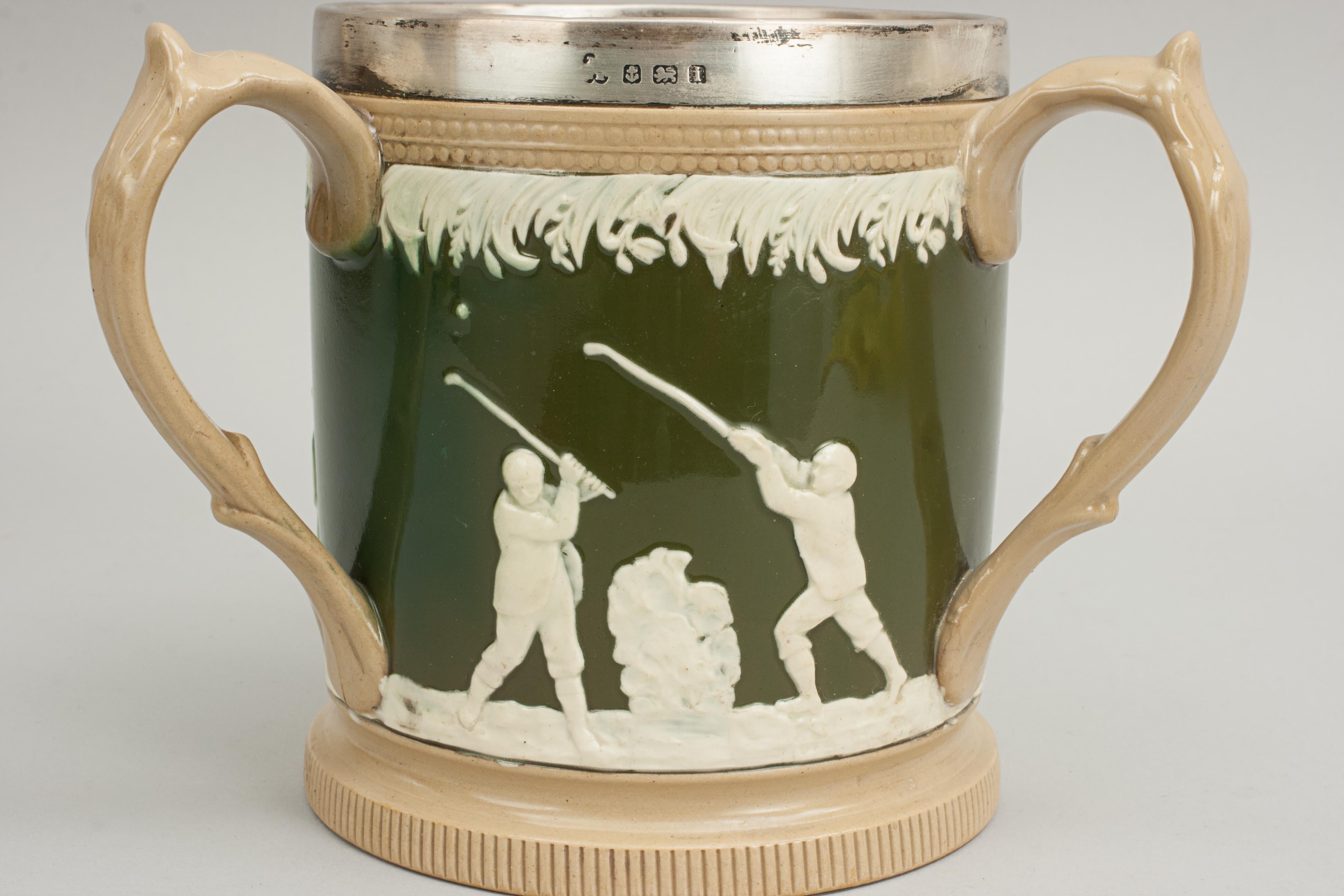 English Antique, Copeland Spode Golf Tig with Silver Band Ant Three Handles For Sale
