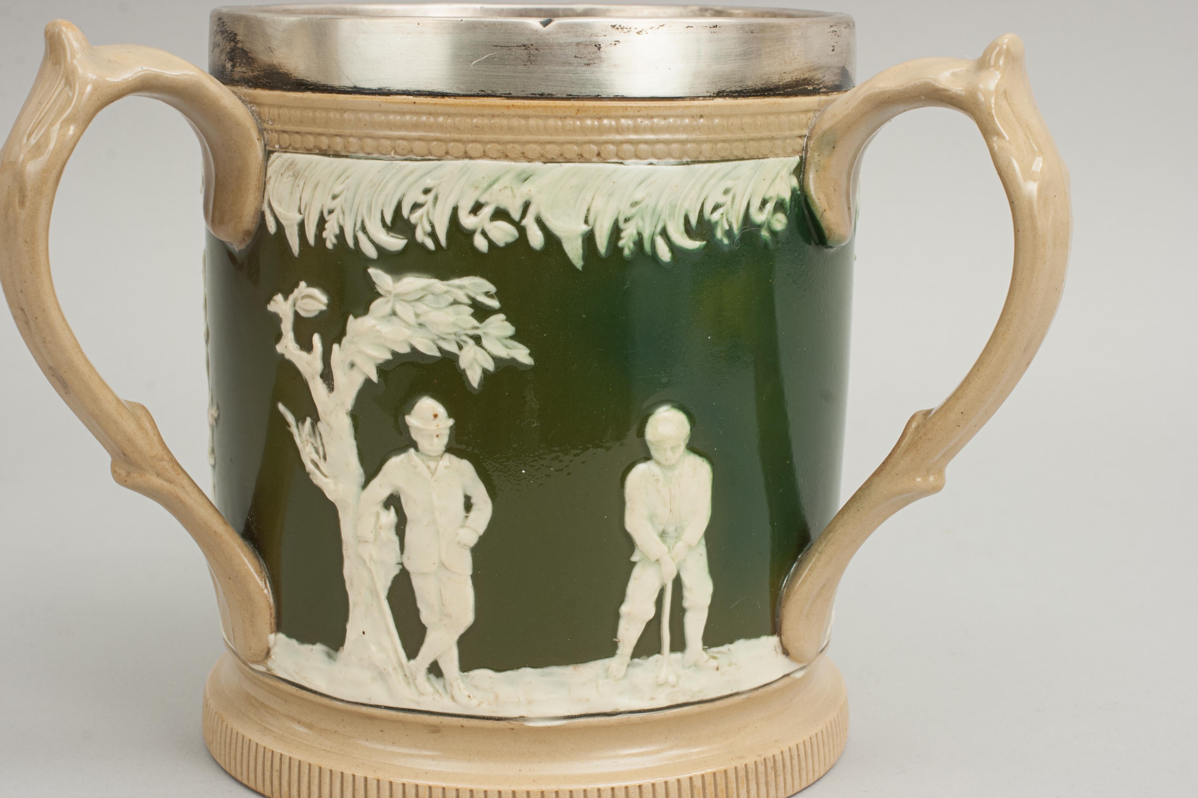 Céramique Ancien pichet de golf Spode de Copeland avec anse en fourrure de cerf à trois poignées en argent en vente