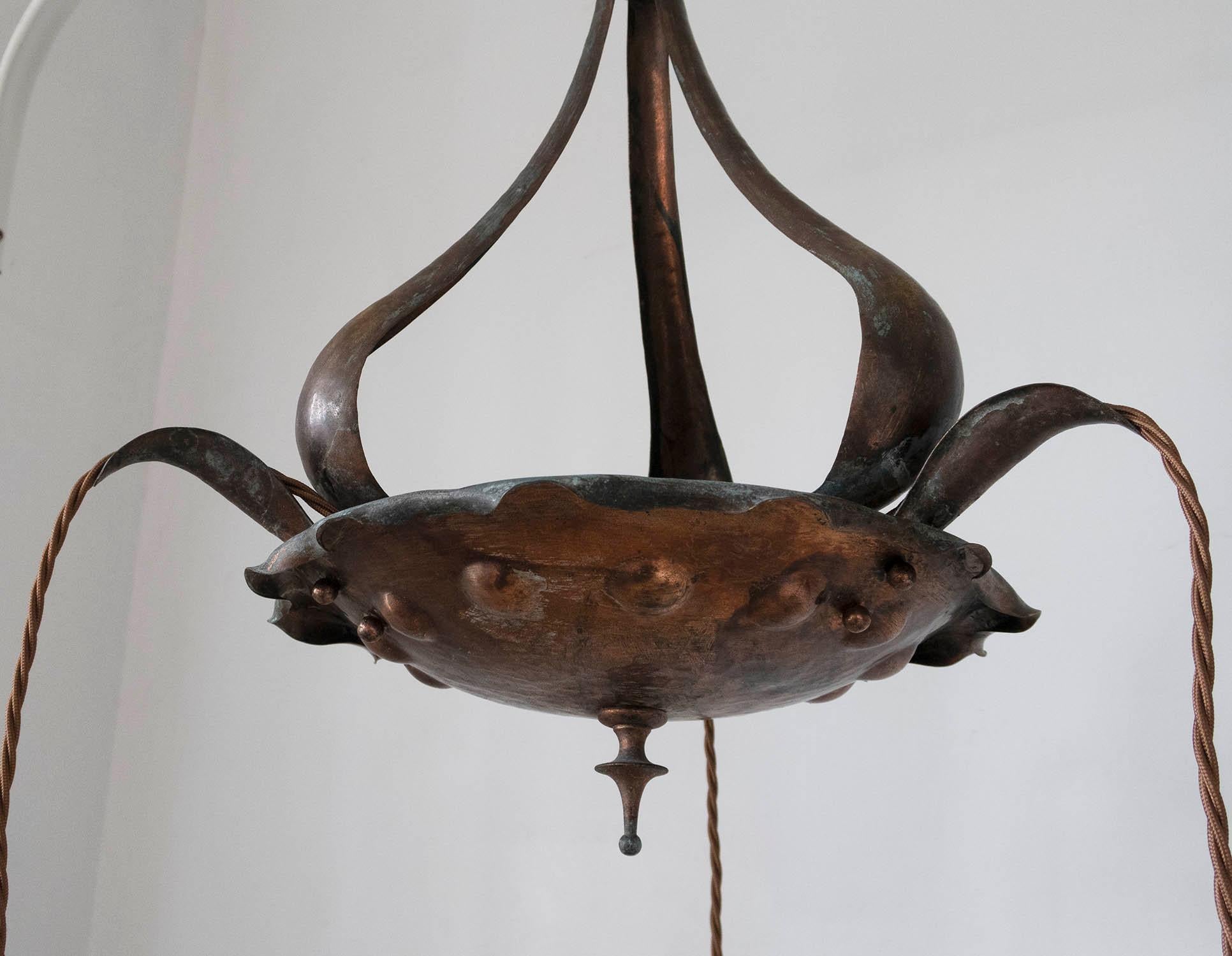 Bronzed Antique Copper Arts & Crafts Pendant Light Fitting. English C.1900 For Sale