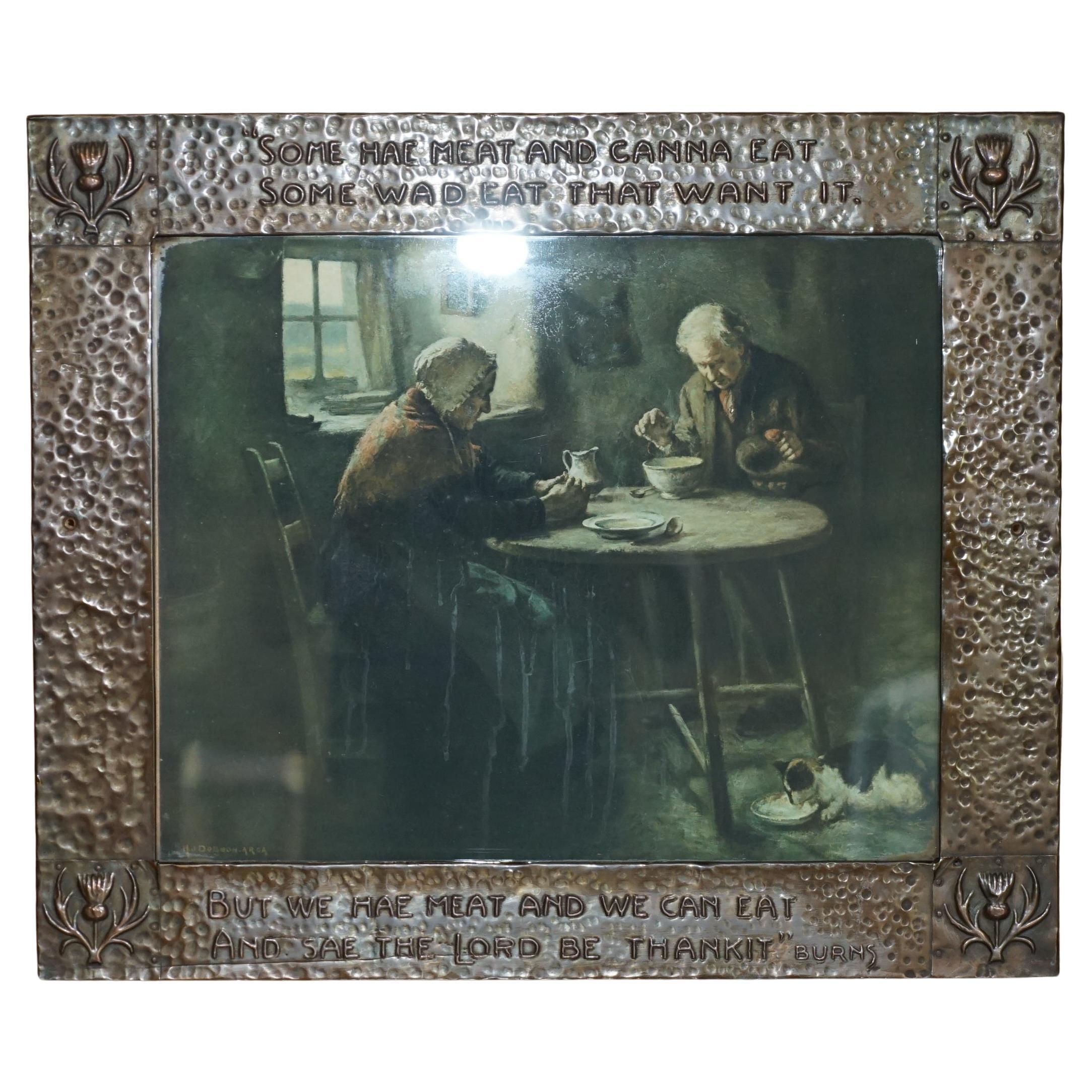 ANTIQUE COPPER ARTS & CRAFTS SCOTTISH BURNS QUOTE FRAME WiTH H.J DOBSON PRINT For Sale