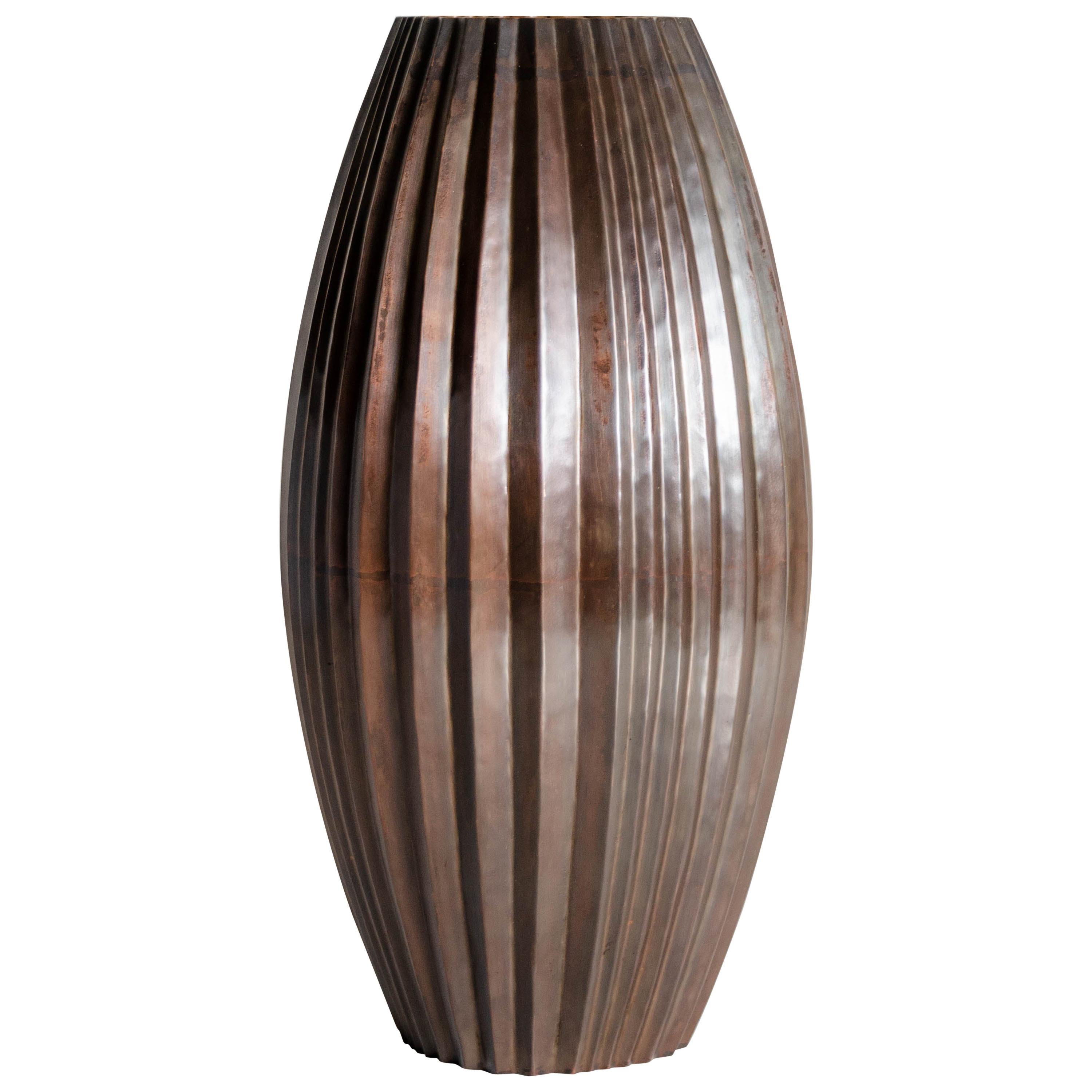 Antique Copper Barrel Vase by Robert Kuo, Hand Repoussé, Limited Edition
