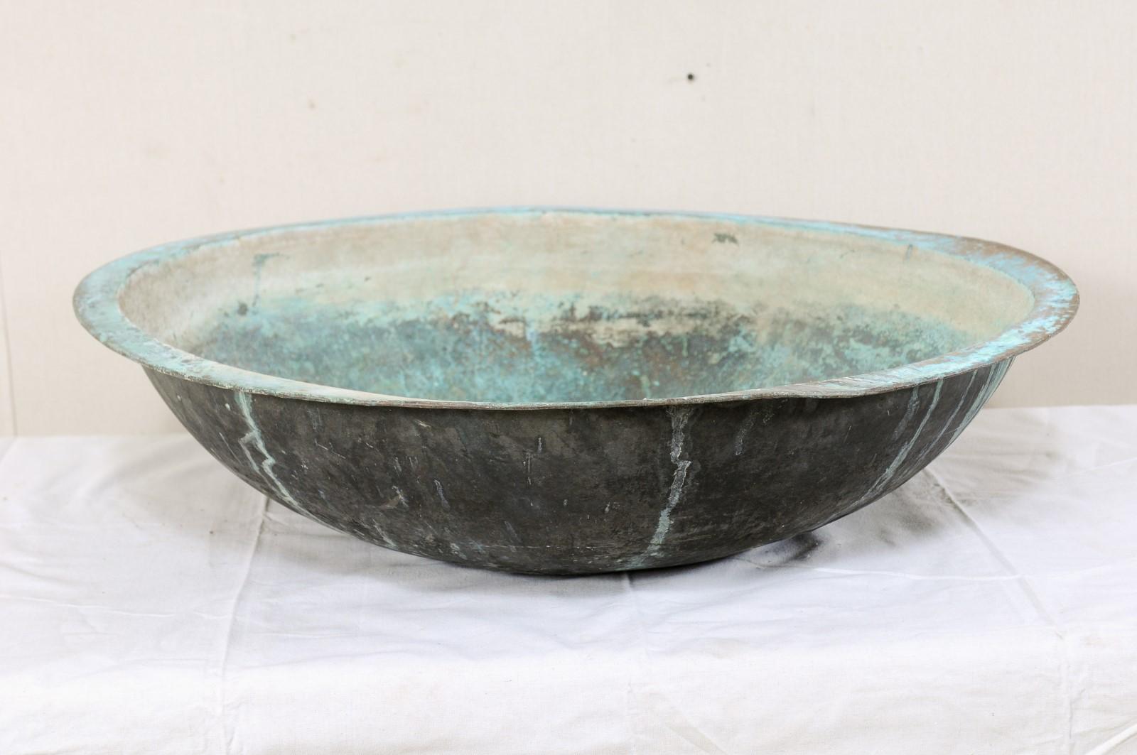 Spanish Antique Copper Bowl from Spain with Rich Blue-Green Patina