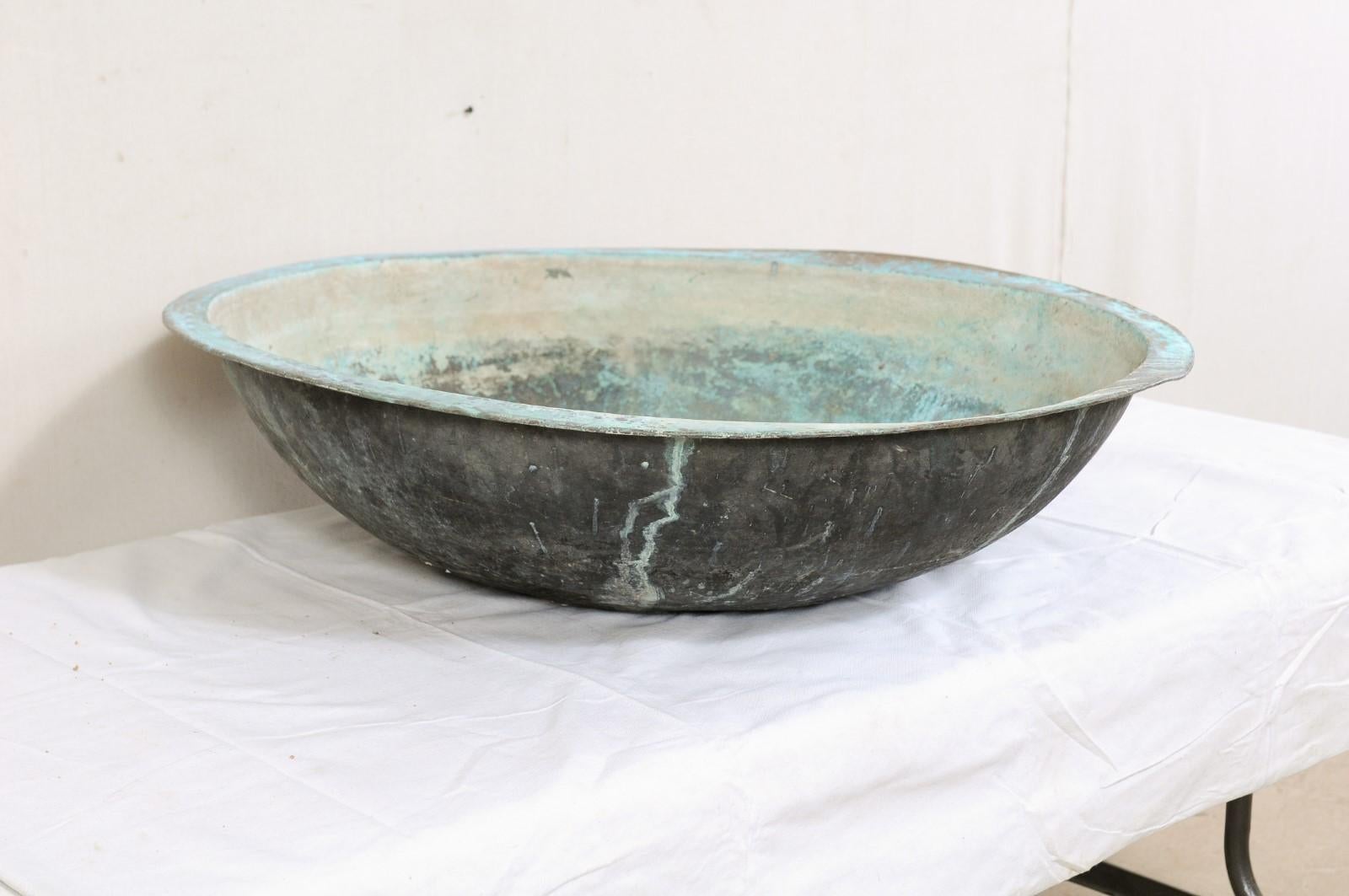 Patinated Antique Copper Bowl from Spain with Rich Blue-Green Patina
