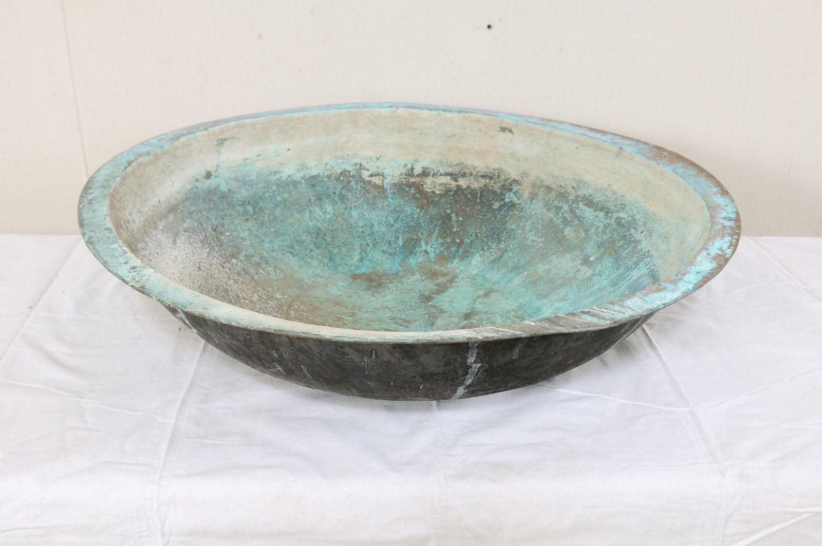Antique Copper Bowl from Spain with Rich Blue-Green Patina In Good Condition In Atlanta, GA