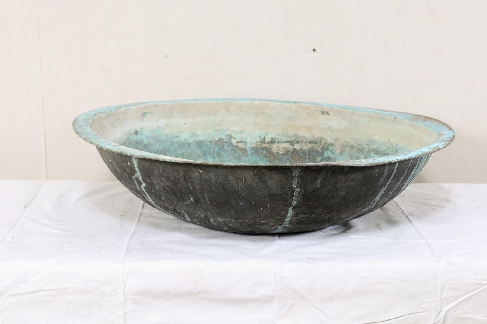 20th Century Antique Copper Bowl from Spain with Rich Blue-Green Patina
