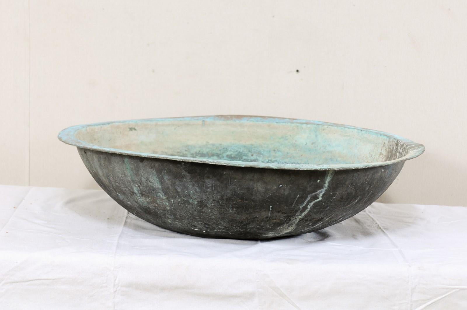 Antique Copper Bowl from Spain with Rich Blue-Green Patina 1