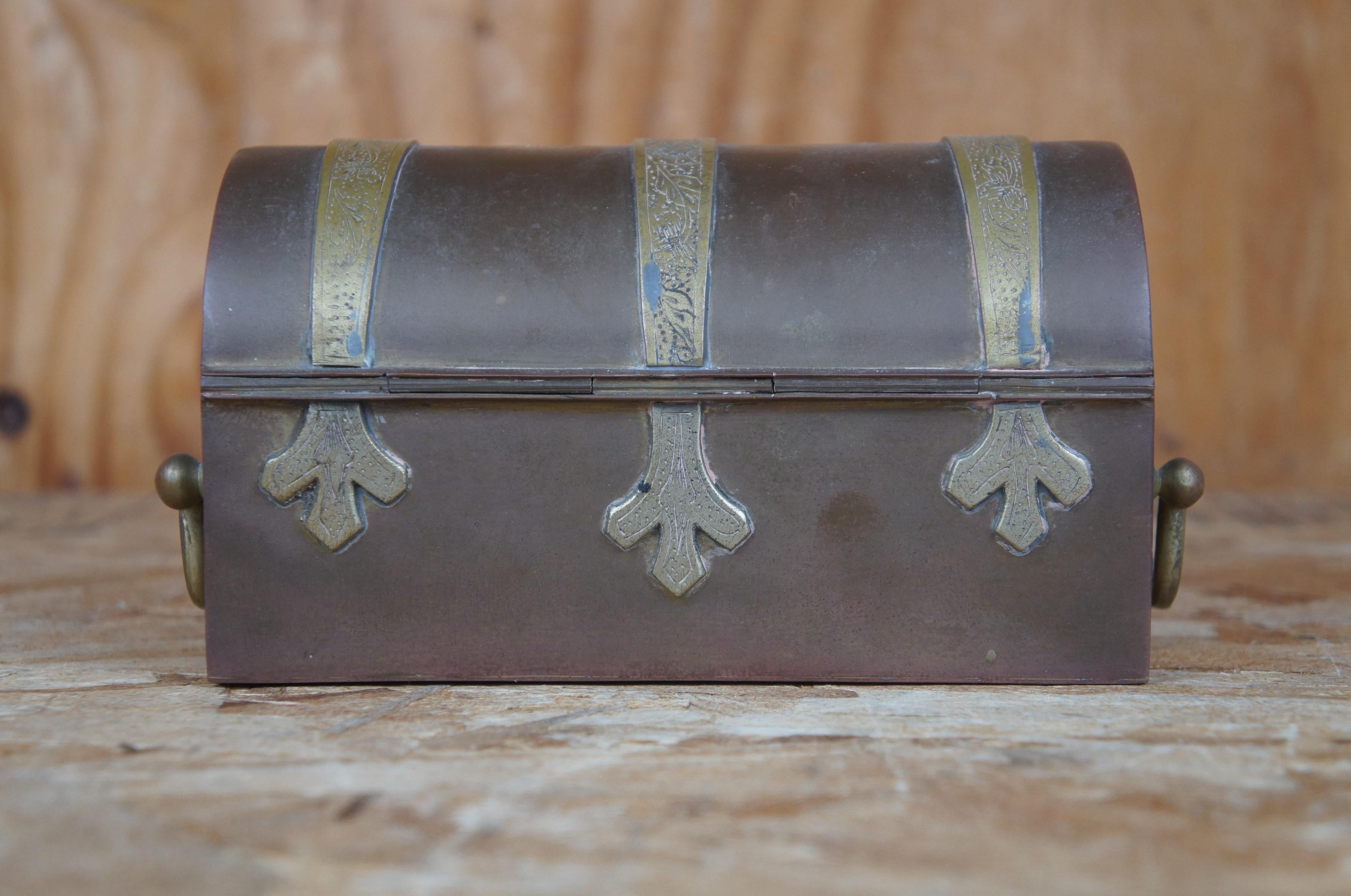 20th Century Antique Copper Brass Banded Domed Strongbox Treasure Chest Dowry Keepsake Box