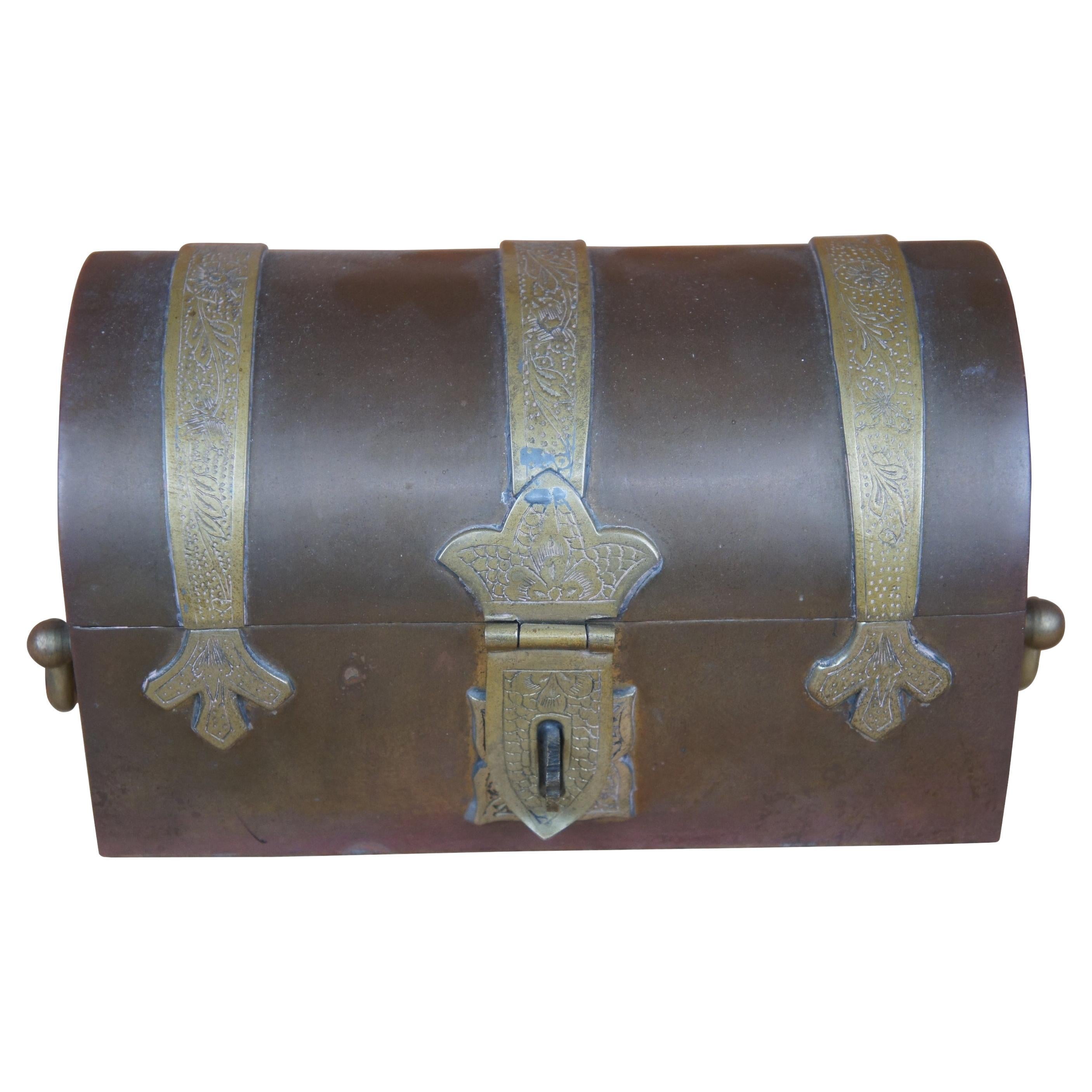 Antique Copper Brass Banded Domed Strongbox Treasure Chest Dowry Keepsake Box