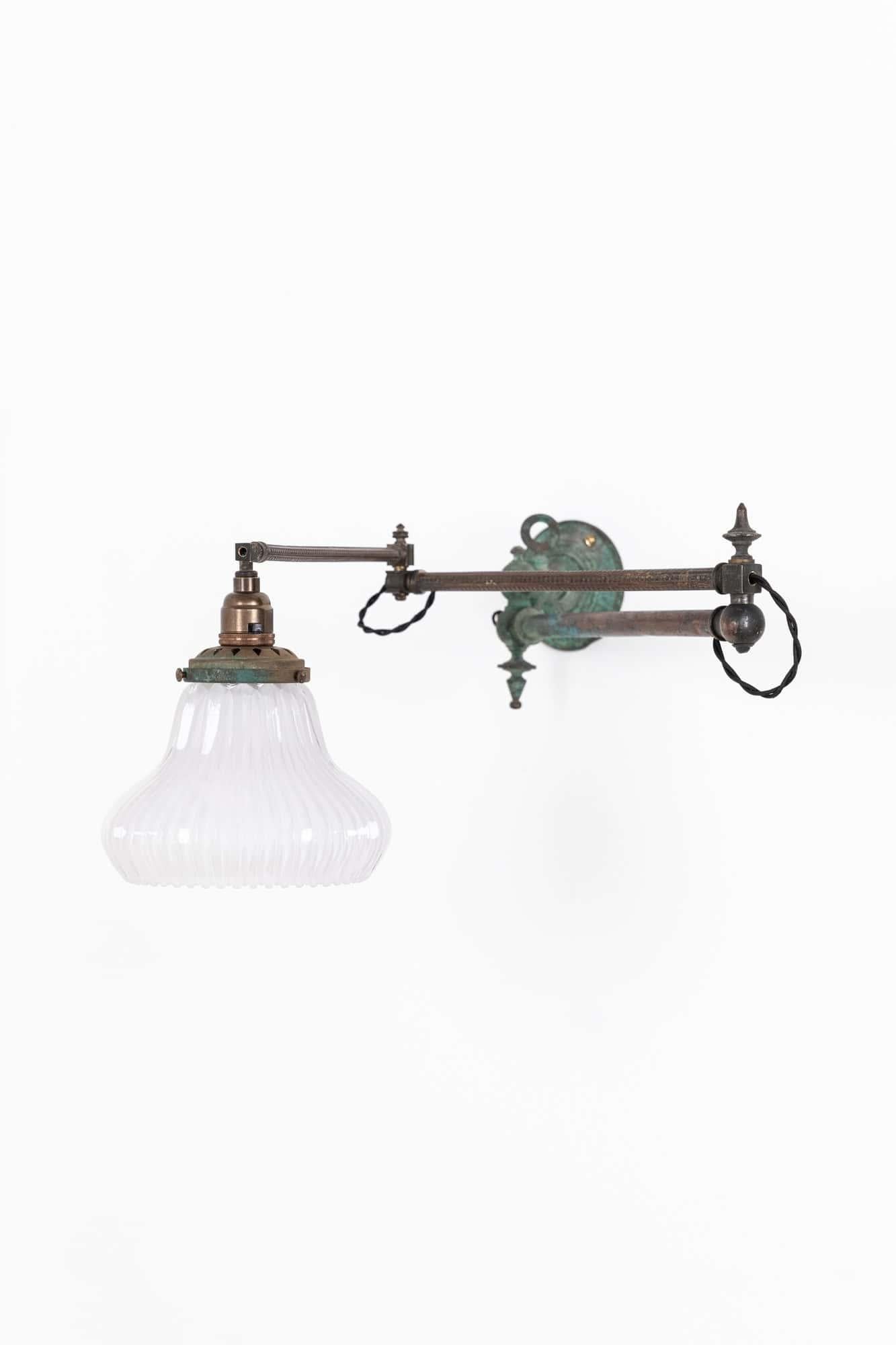 Antique Copper & Brass Holophane Glass Former Gas Wall Lamp Sconce Light c.1890