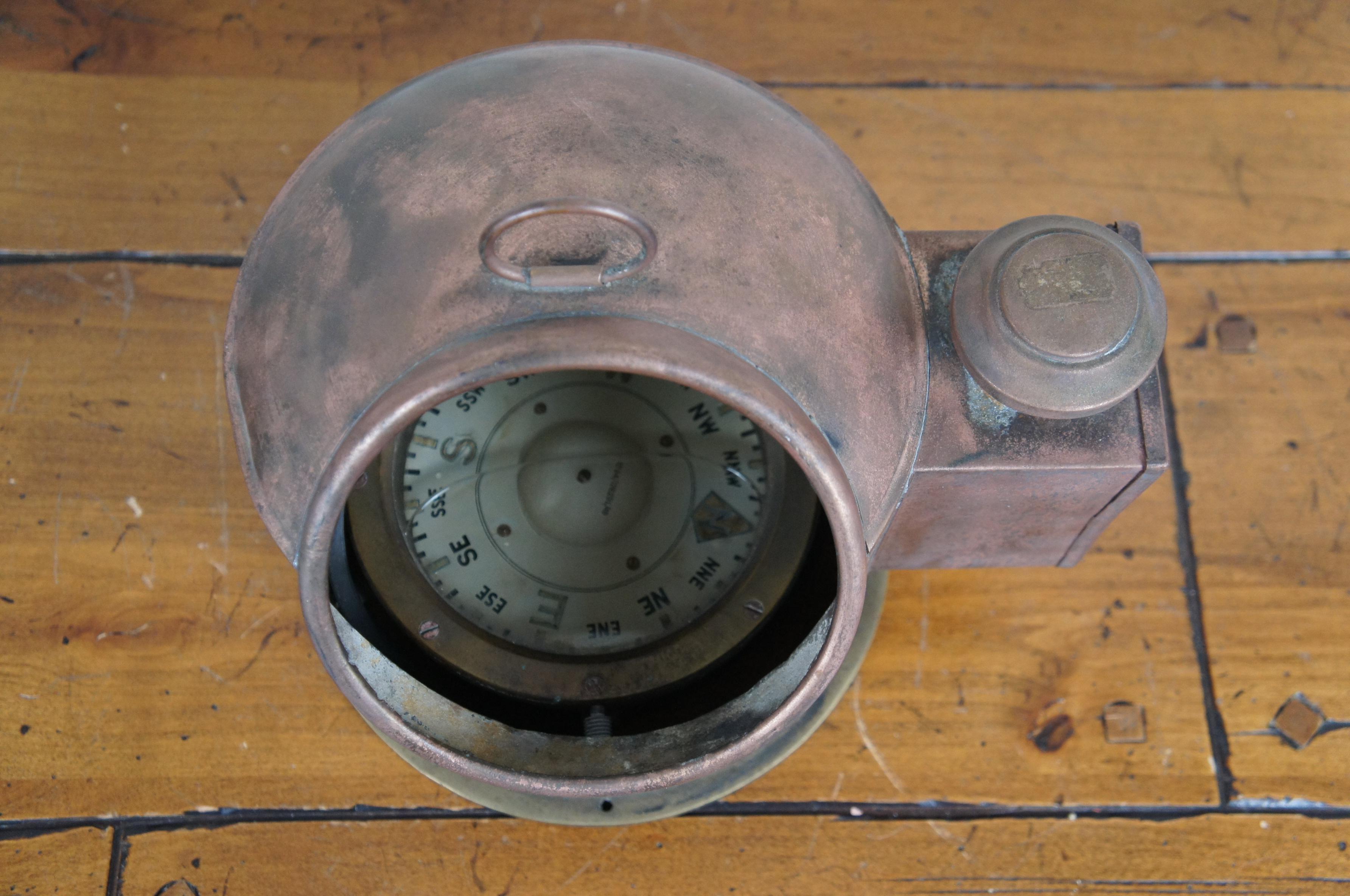 20th Century Antique Copper Brass Nautical Maritime Gimbal Compass Binnacle Oil Lamp 11
