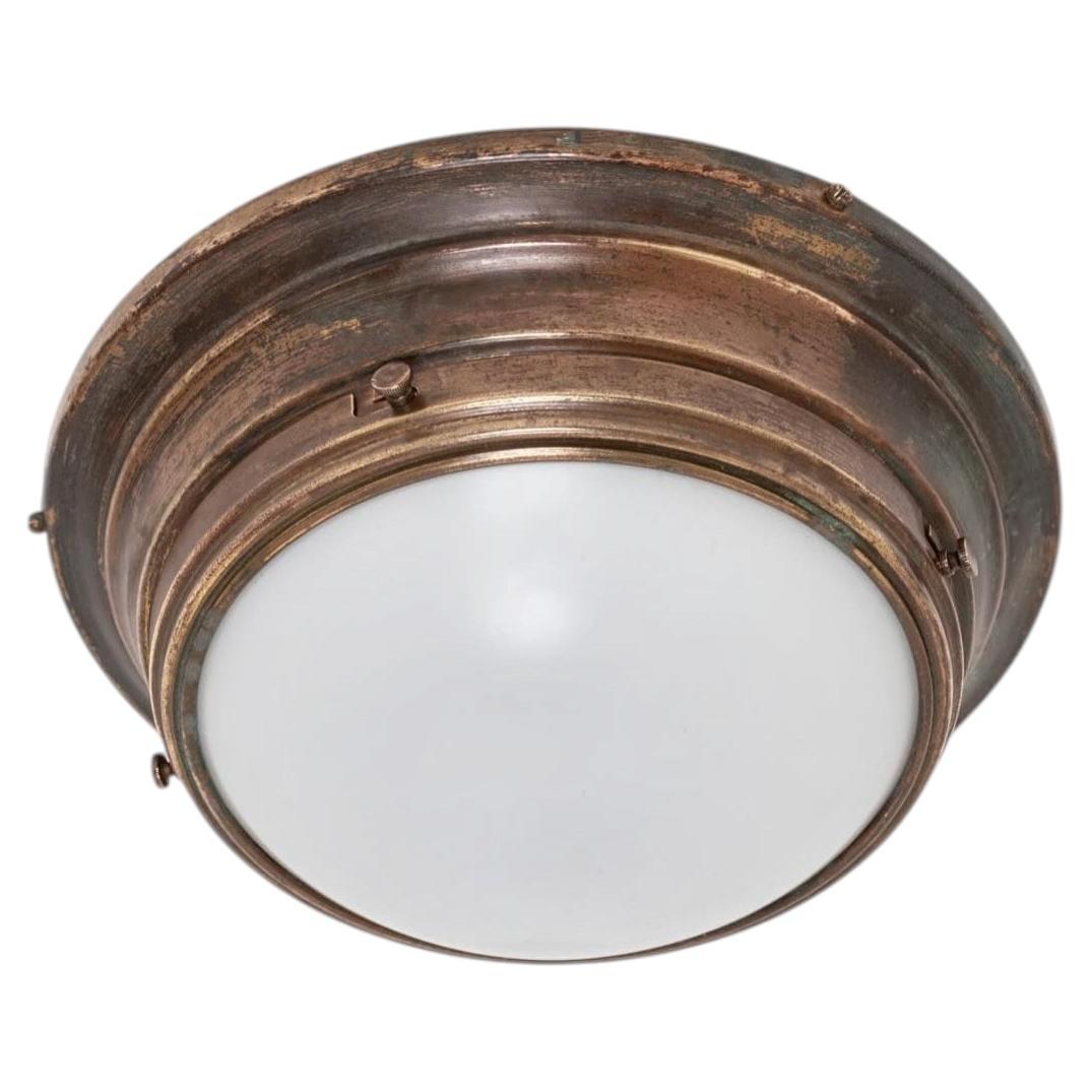 Antique Copper Brass Opaline Glass Flush Mounted Bulkhead Light. c.1930
