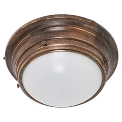 Antique Copper Brass Opaline Glass Flush Mounted Bulkhead Light. c.1930